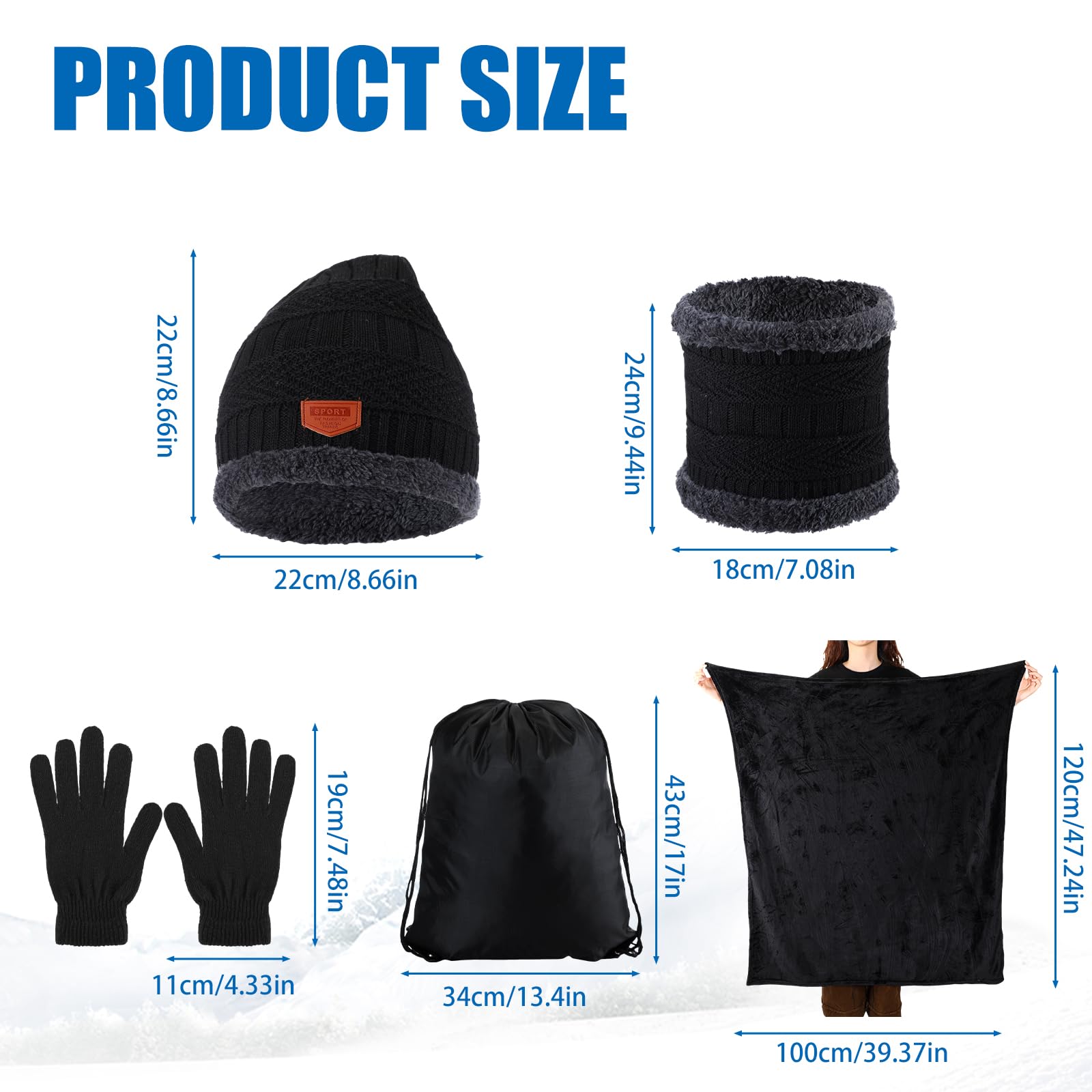 Suhine 72-teiliges Wintermütze, Halswärmer, Handschuhe und Socken-Set mit warmer, flauschiger Decke und Kordelzugbeutel, Großpackung für Männer und Frauen, Obdachlosenpflege, Schwarz, Schwarz, Medium