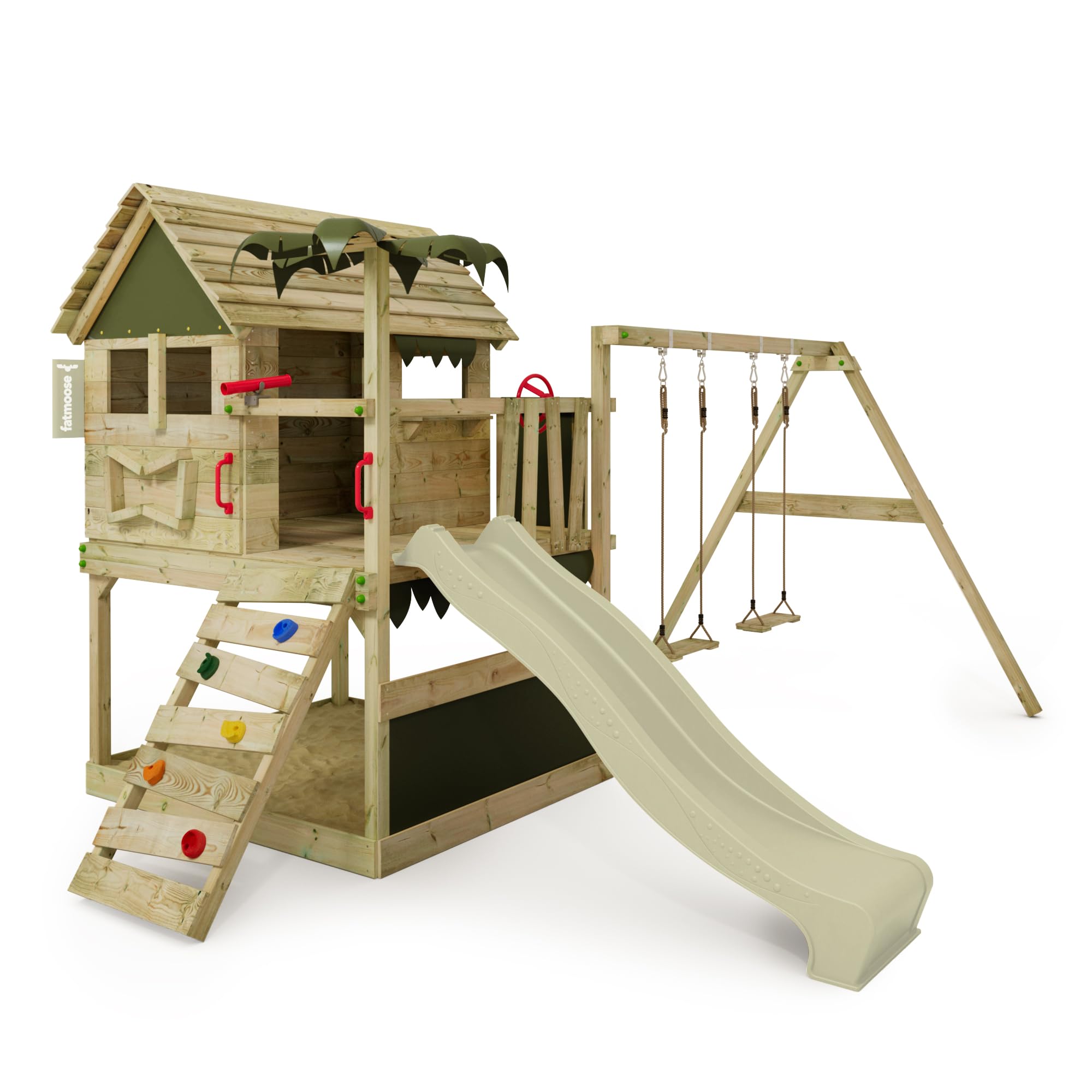 FATMOOSE Spielturm TikaTaka Town XXL, salbeigrüne Rutsche | Klettergerüst, mit Schaukel, Outdoor Kinder Kletterturm, mit Sandkasten Leiter, Spiel-Zubehör für den Garten