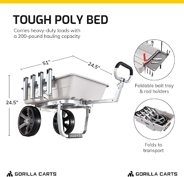 Gorilla Carts Poly Outdoor Fish & Marine Cart, 5 Cu Ft Capacity, 200 lb Load Rating Heavy-Duty Aluminum Frame, 13-Inch All-Terrain Tires, 8 Rod Holders, Foldable Bait Tray, Easy to Clean