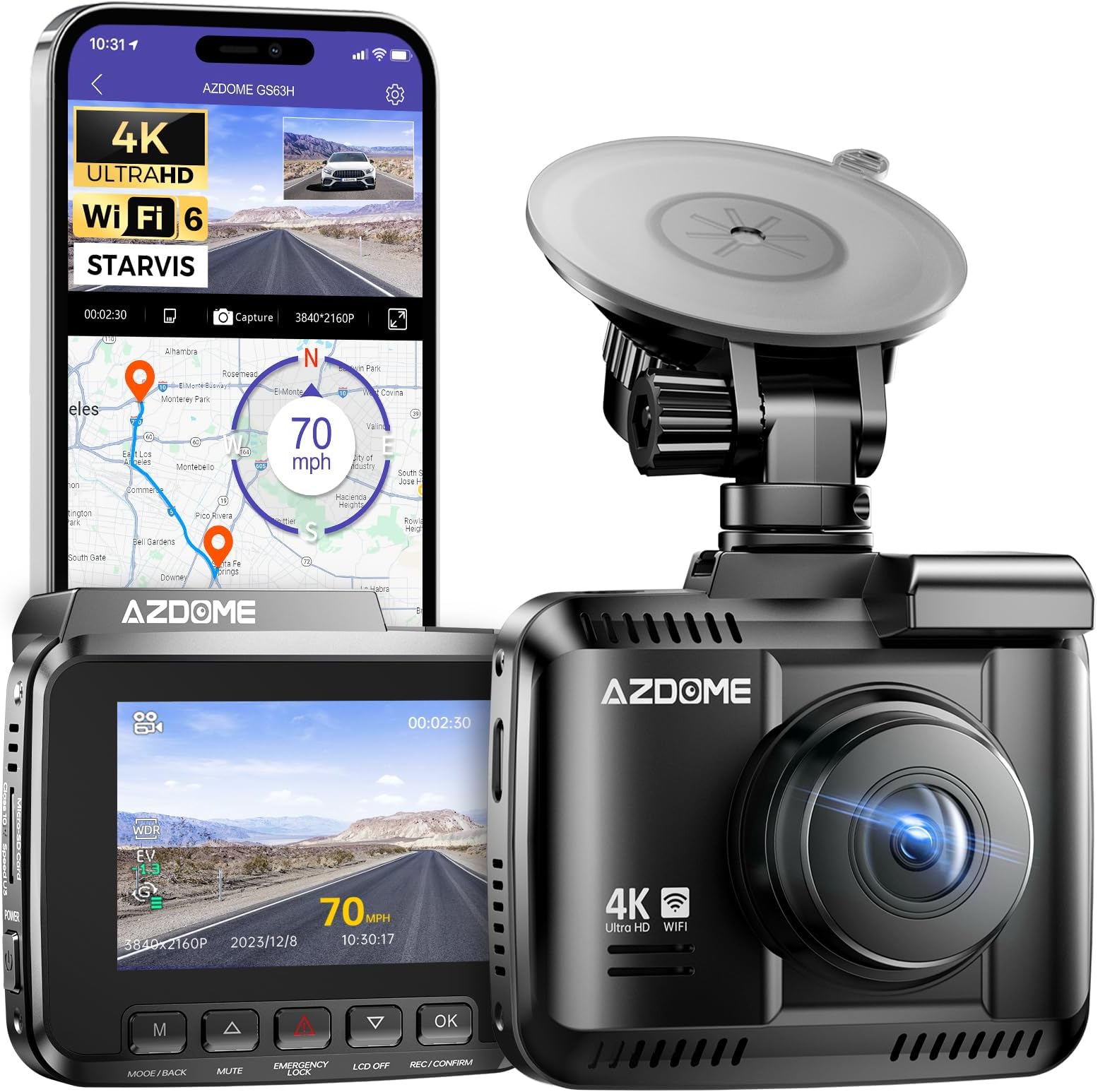 4K Ultra HD Dash Cam, AZDOME Car Camera 4K GPS WiFi Dash Camera with 170 Degree Wide Angle, Night Vision, G-Sensor, Loop Recording, Parking Monitor, Sony Sensor, WDR Car Video Recorder(GS63H)