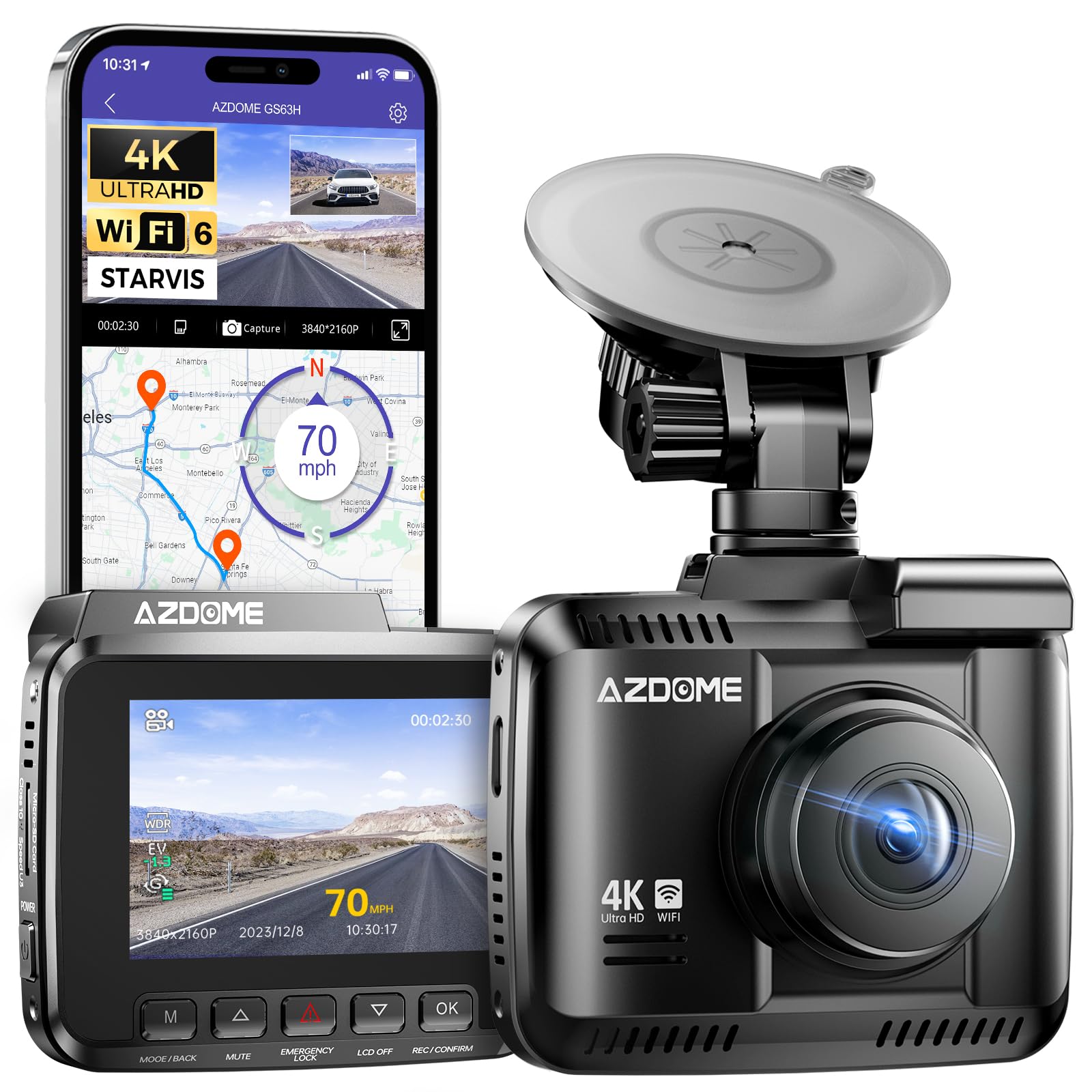 AZDOME Dashcam 4K Auto Kamera mit GPS WiFi Nachtsicht 170° Weitwinkel WDR 2,4" IPS Parküberwachung