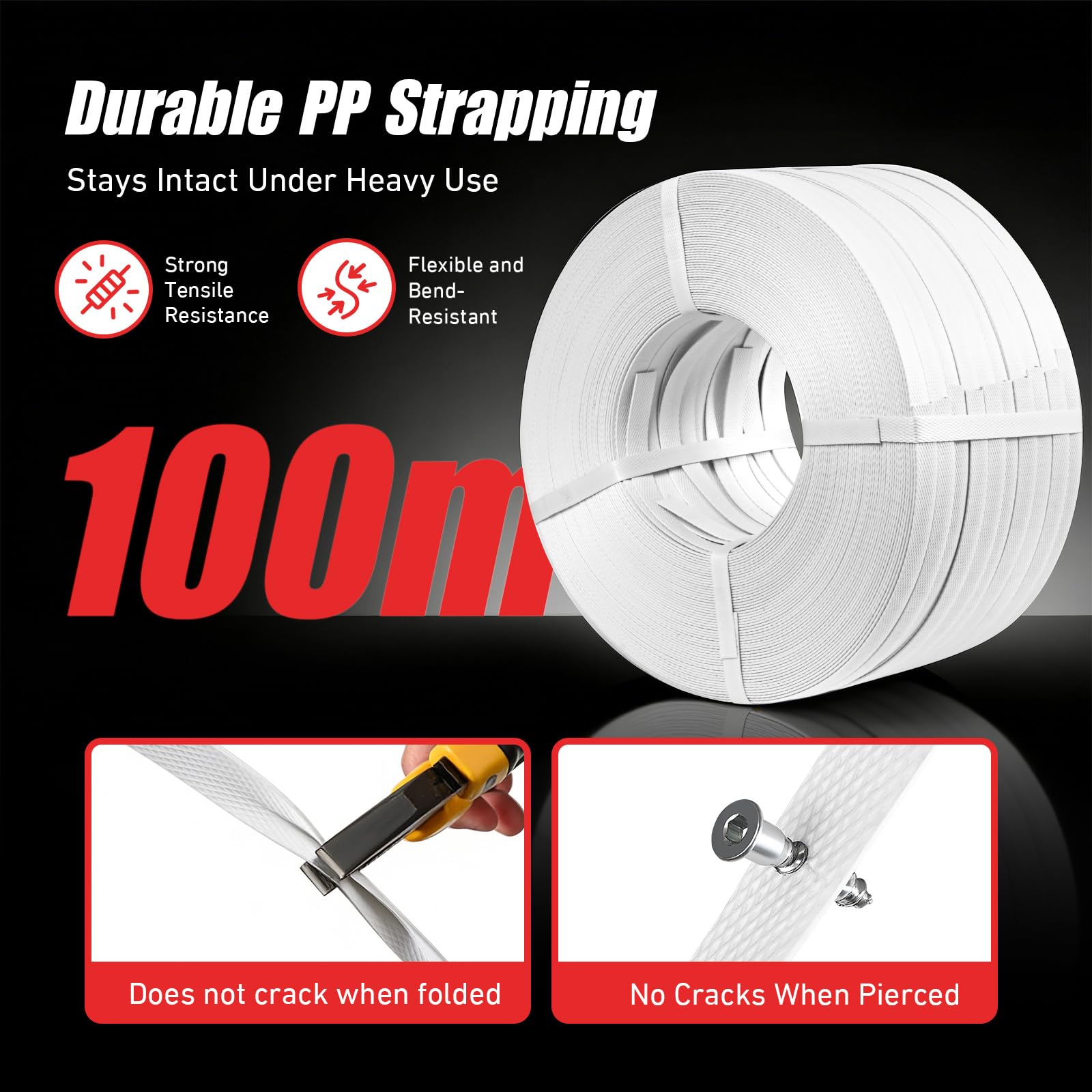 Kit d'outils de cerclage manuel PP, 100 m de sangle PP haute résistance, 100 agrafes métalliques, Tendeur pour 13–19 mm, Set de cerclage pour palettes pour scellage et cerclage