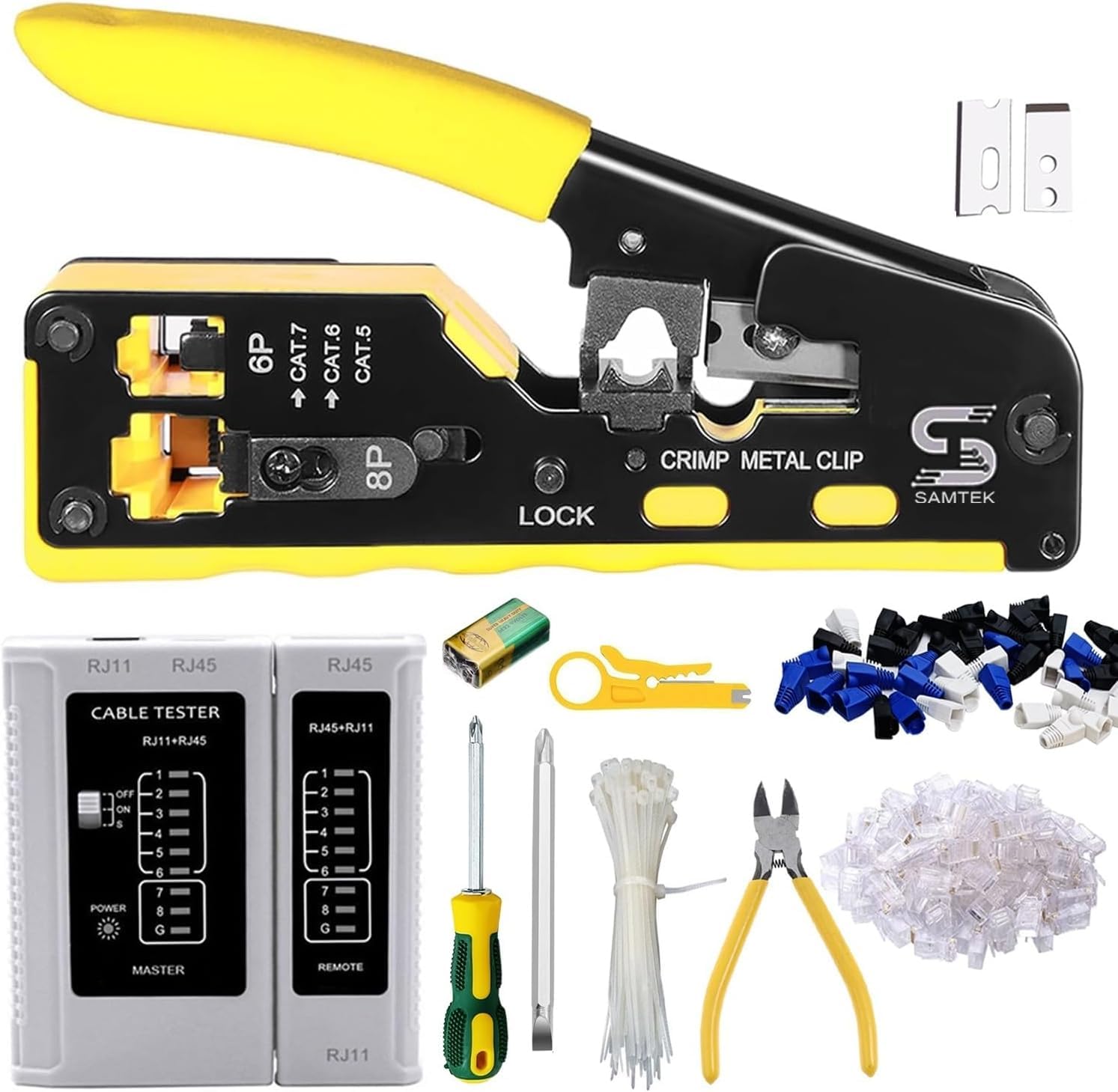 Pinza crimpatrice pass-through RJ45 con tester per cavi, crimpatrice Ethernet per connettori Cat5, Cat5e, Cat6, spellafili per cavi di rete, strumento di crimpatura per installazione LAN e riparazione