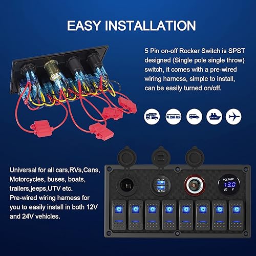 Vista 104 de Panel de interruptor de palanca impermeable de 6 cuadrillas 12V/24V Panel de interruptor basculante de aluminio con cargador USB doble, voltímetro