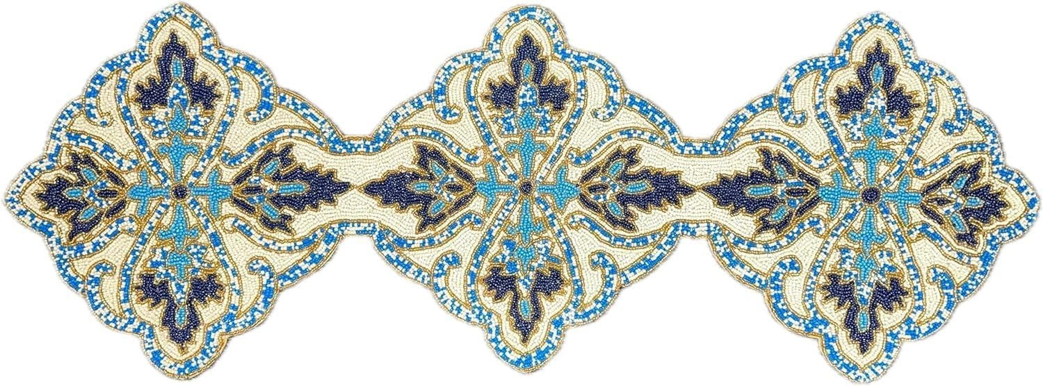 Decozen Beaded Table Runner - Embroidered Kitchen Runners for Dining Coffee Table Scratch Heat Stain Resistant Charger Kitchen Decor Durable - 54 x 13 Inches, Blue White