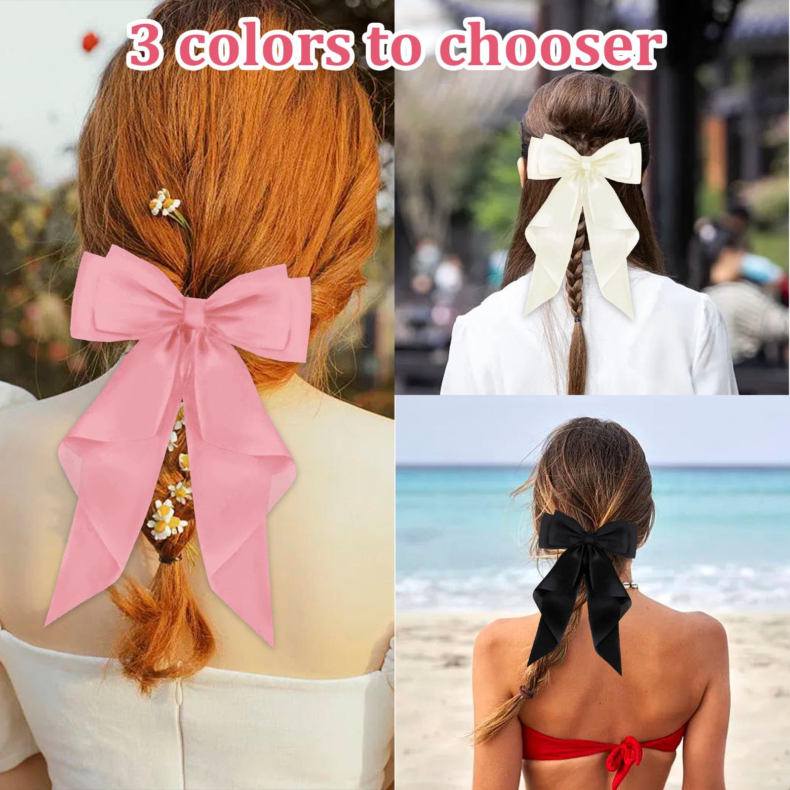 FEXPDL Pack of 3 Hair Bows - Large Satin Bowknot Clips in Black, Pink, and White for Women and Girls, Pink+White, 2 count (Pack of 1) - Image 4