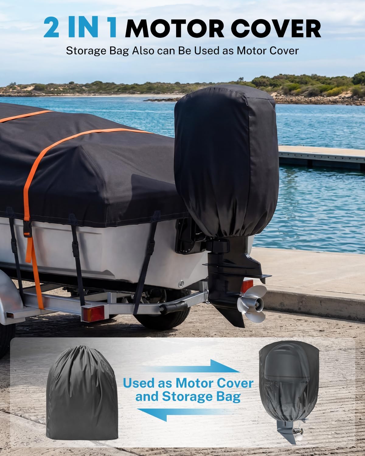 Kohree Boat Cover 16-18.5ft, Heavy Duty 1200D Marine-Grade Waterproof, Extra 4 Extended Straps, Trailerable & Wind-Resistant, Fits V-Hull, Fish & Ski, Pro-Style, Runabout, Bass Boats, up to 94" Wide