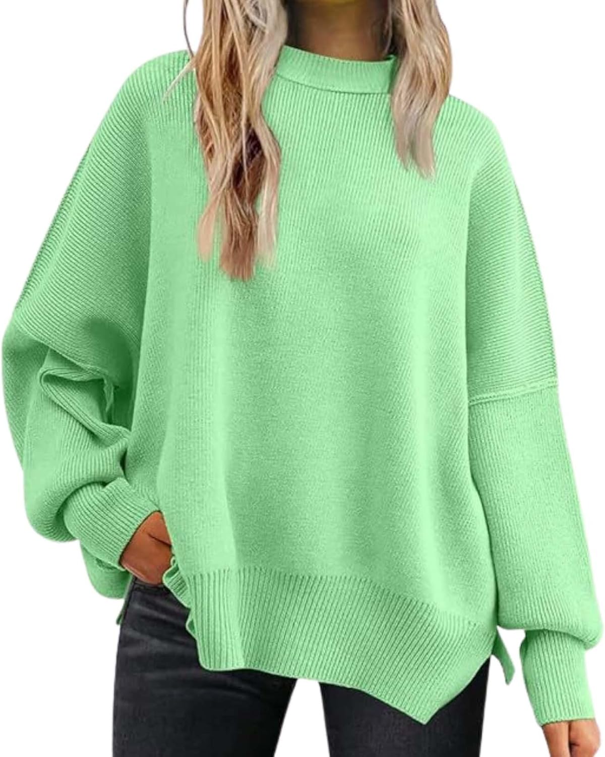 2025 Fall Womens Oversized Batwing Sweater Fashion Crew Neck Knit Side Slit Cozy Fa...