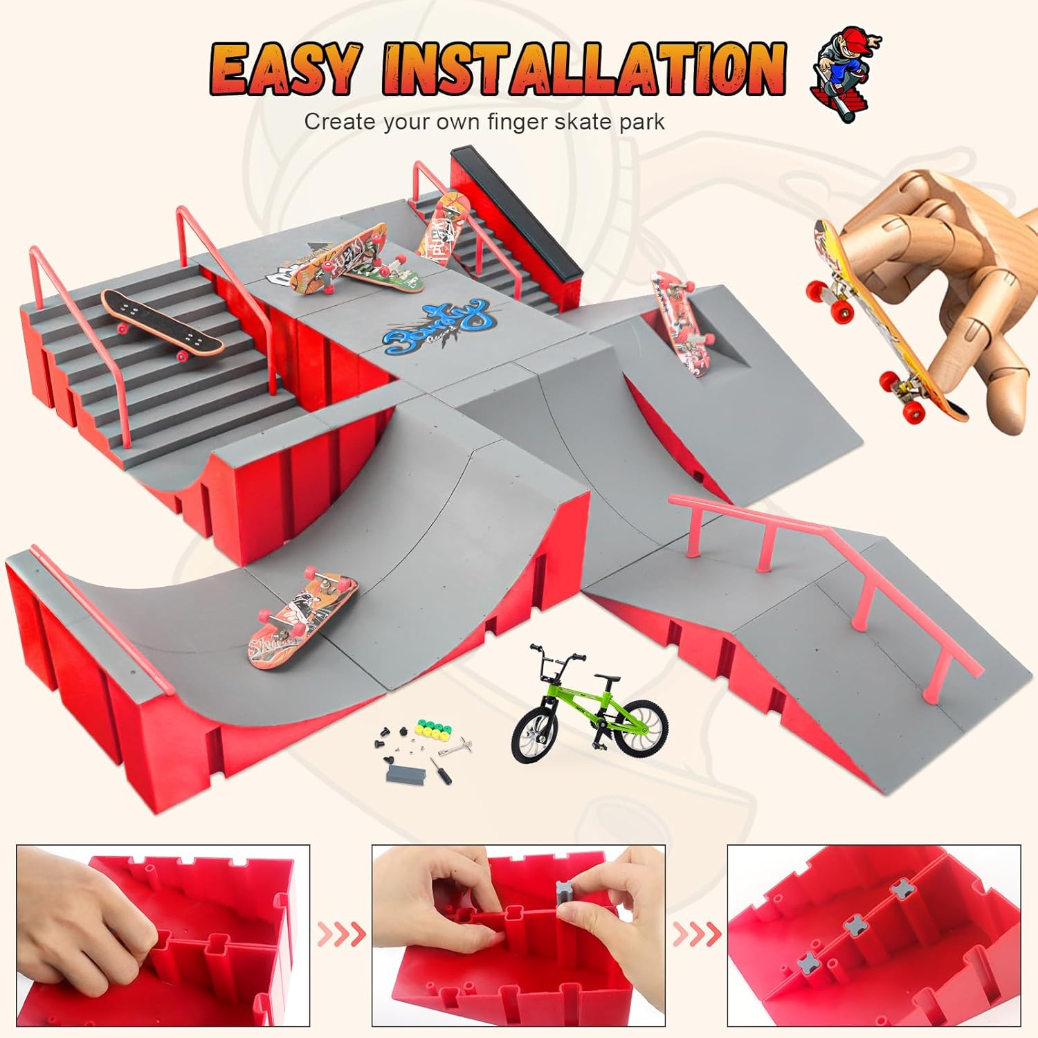 Finger Skateboard Park Kits,14-in-1 Bigger Finger Skateboard Ramp Set with 14 Ramps,8 Fingerboards,1 Finger Bike, Skate Park Kit,Fingerboard Skatepark Half Pipe Toys Gifts for Ages 3