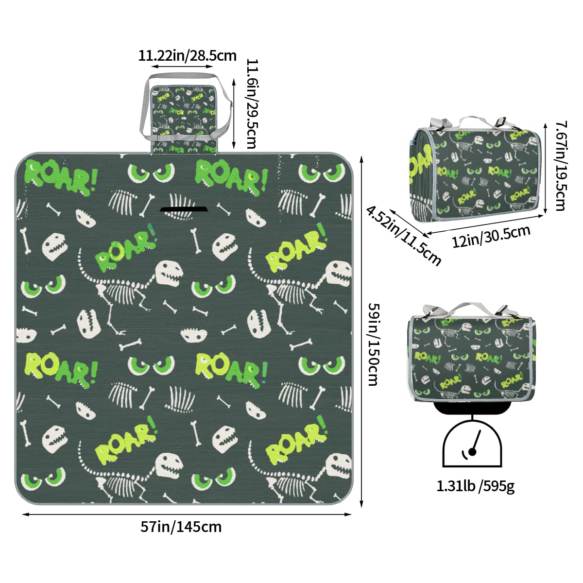 Shimoshe Picnic Blankets 57”x 59”, Roar Dinosaur Waterproof Sandproof Picnic Mat Lightweight Foldable Beach Blanket for Camping Park Grass Beach Outdoor Blanket