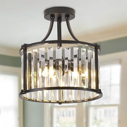 Miniatura 2 de Aiwen Moderna lámpara de techo semiempotrada de 12.6 pulgadas, 3 luces, jaula de metal negro, lámpara de techo con pantalla de cristal, iluminación