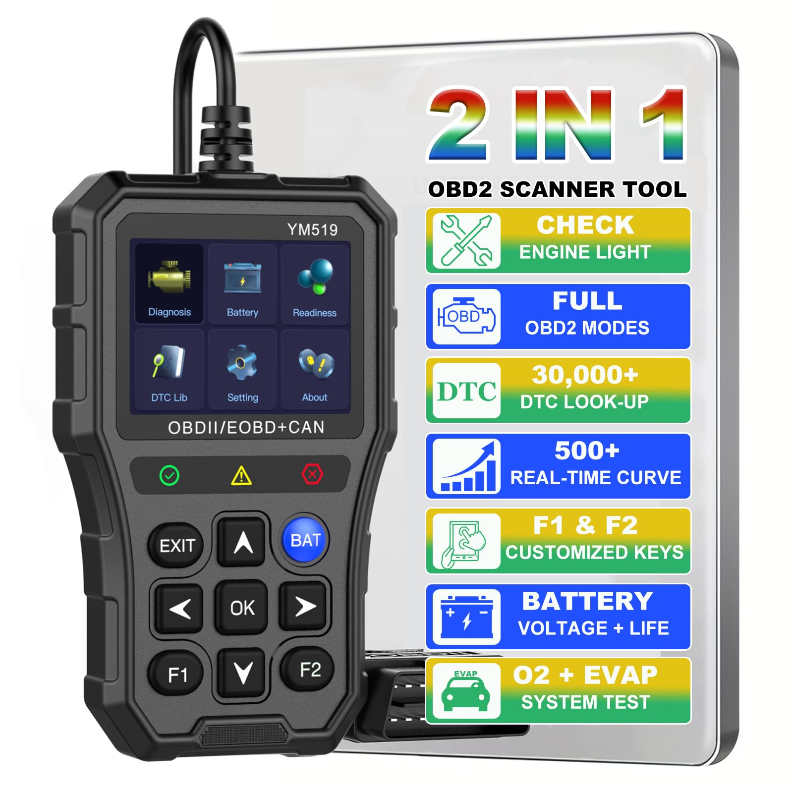 Car OBD2 Scanner Diagnostic Tool Battery Tester - Color Screen Live Data Code Reader Clear Engine Fault Light Tool Plug&Play Test EVAP/O2 Sensor Read Voltage/Life for All OBDII Cars After 1996