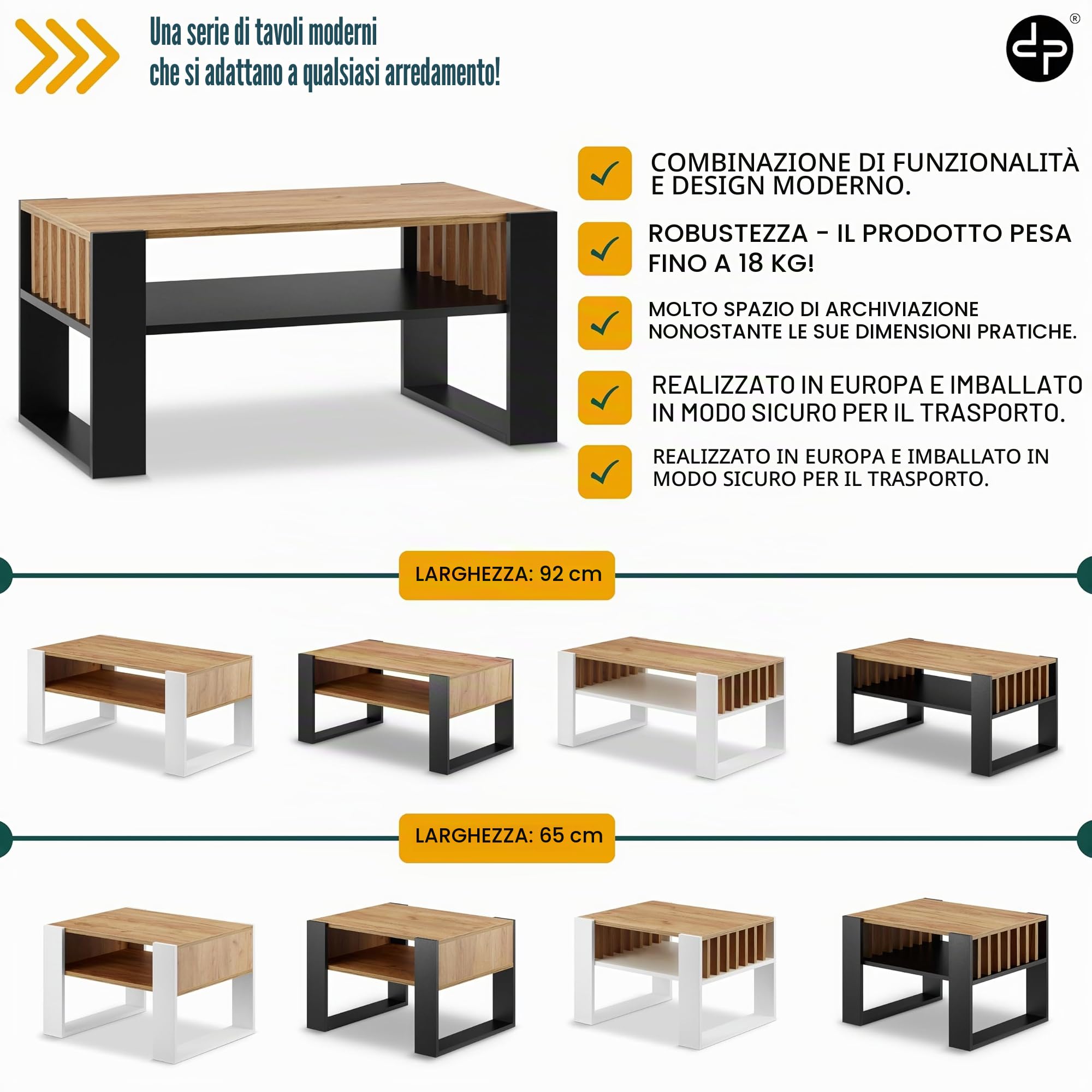 defiPad Tavolino moderno con vano portaoggetti | 92 cm di larghezza con agnello | grande tavolo da soggiorno in rovere | massiccio e stabile | Coffee Table (Nero + Rovere)