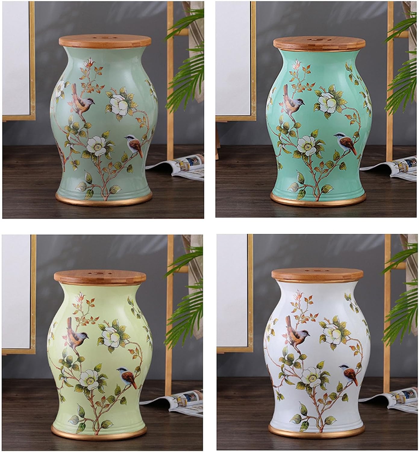 Glazed Ceramic Garden Stool - Hand-Painted Stool Chinese Style Drum Side Table for Cottage, Bathroom, or Porch(I)