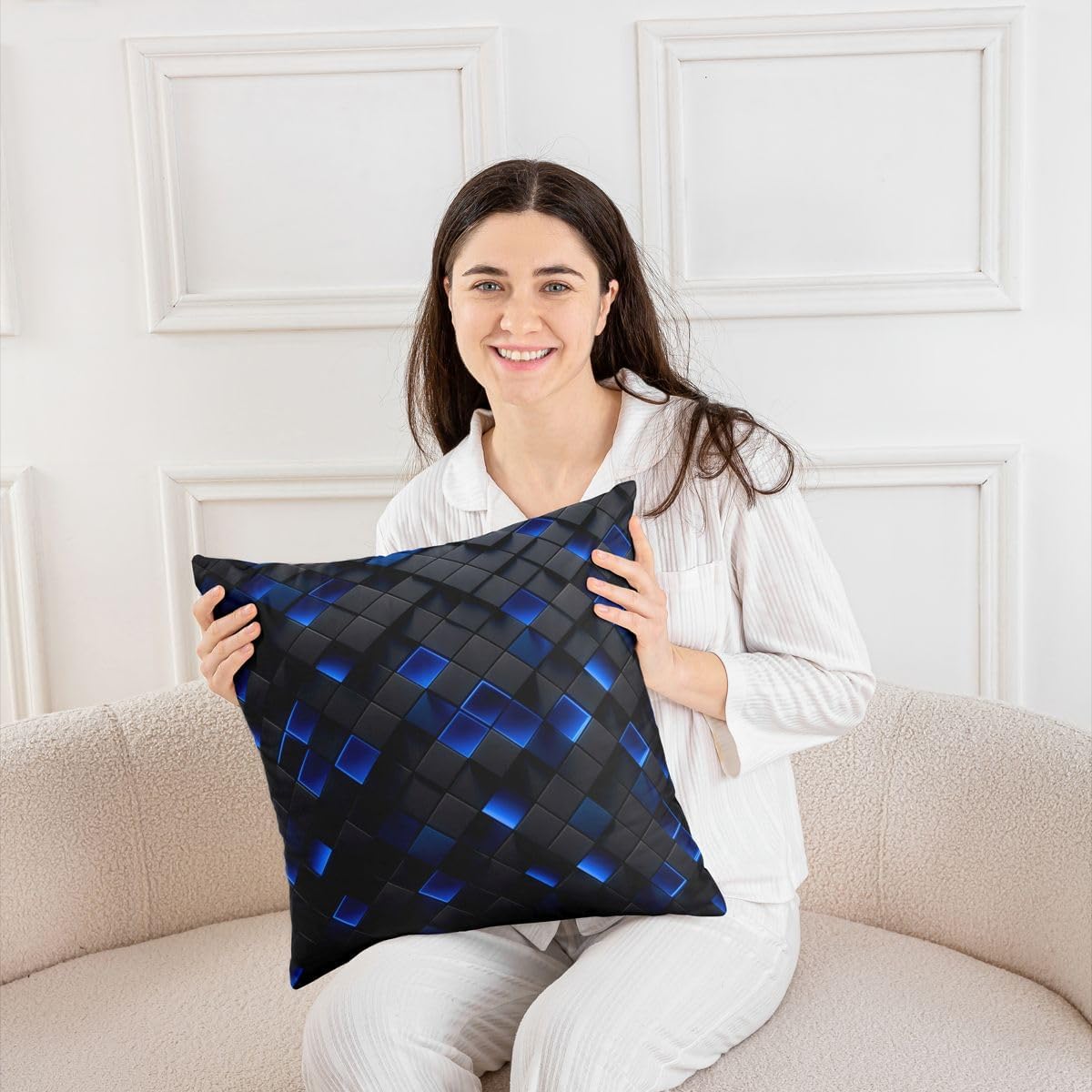 Manfei Geometric Square Throw Pillow Cover Tech Gaming Style Double-Sided Pillow Case Bedroom Living Room Grid Diamond Cushion Cover for Bed Couch Soft Pillowcases,16x16 Inches Black Blue image 4