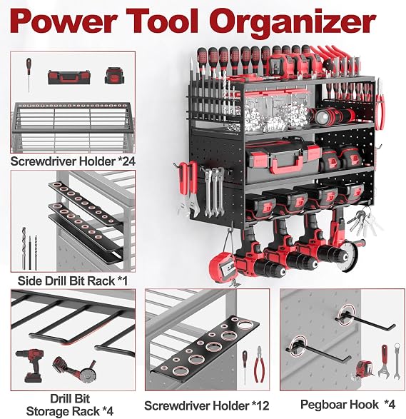 4 Level Tool Wall Mount Wall Mount Hammer Drill Tool Rack for 4 Power Tools Metal Tool Organiser with Side Screwdriver for Garage Workshop