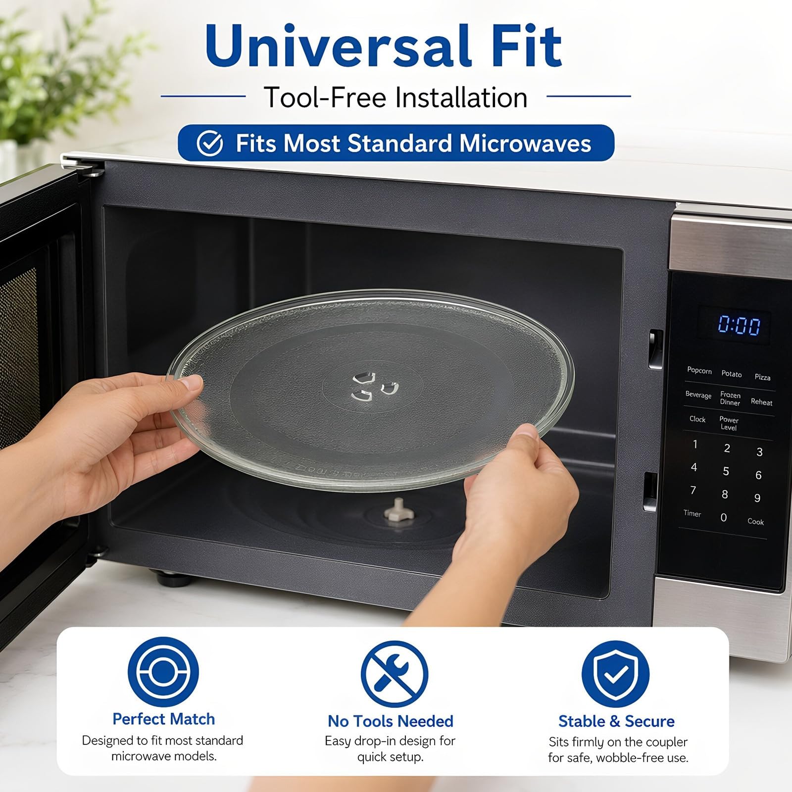 Zerodeko 2 platos giratorios de vidrio para microondas con 3 puntos de fijación seguros, bandeja giratoria de vidrio resistente al calor de 31,5 cm (12,4"), base antideslizante para una cocción