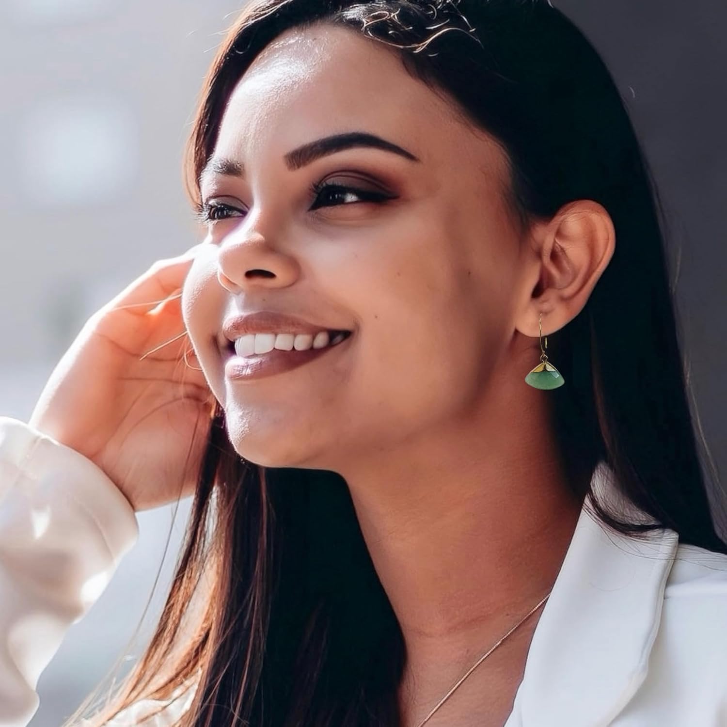 Natural Jade Fan Shape Earrings and Necklace Set, Dainty 18k Gold Plated Genuine Green Jade Jewelry, Gifts for Women Girls Birthday Christmas - Image 5