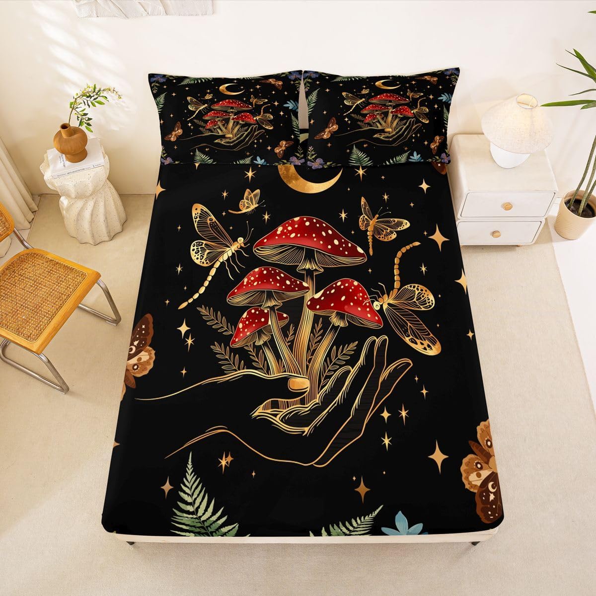 Erosebridal Red Mushroom Fitted Sheet Queen Halloween Moth Bed Sheets Aesthetic Moon Bedding Set for Girls Kids Children Teens Adults Jungle Plants Sheets 3 Pcs image 3