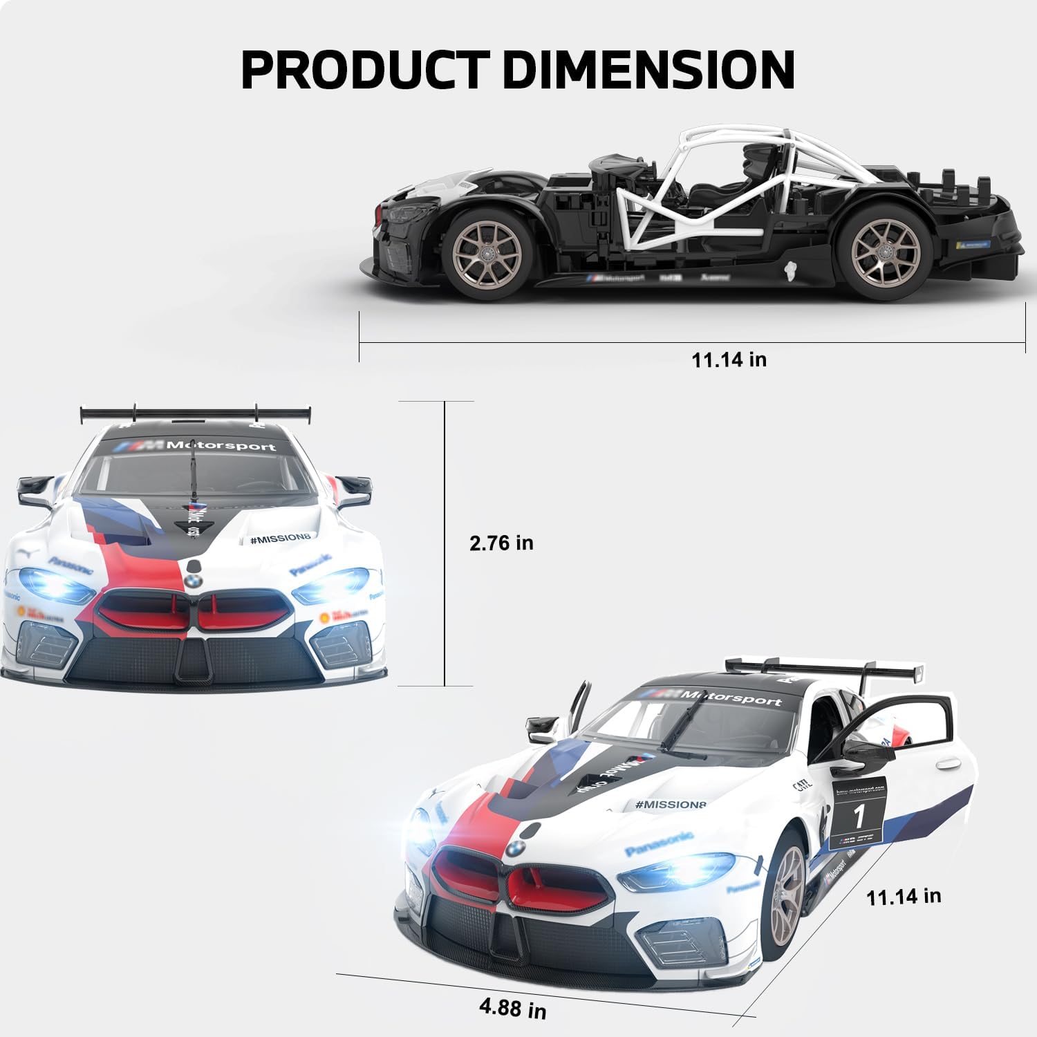 1/18 Scale RC Car Building Kit for BMW M8 GTE, Remote Control Car Building Block Set with 74 PCS, Openable Door, Headlight, Christmas Birthday Gift for Boys Kids Age 8-12, White