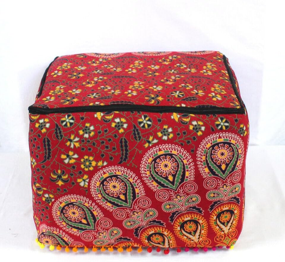 Indian Handmade Mandala | Square Ottoman Pouf Cover | Footstool Seating (RED Peacock Mandala, 22x22x22)