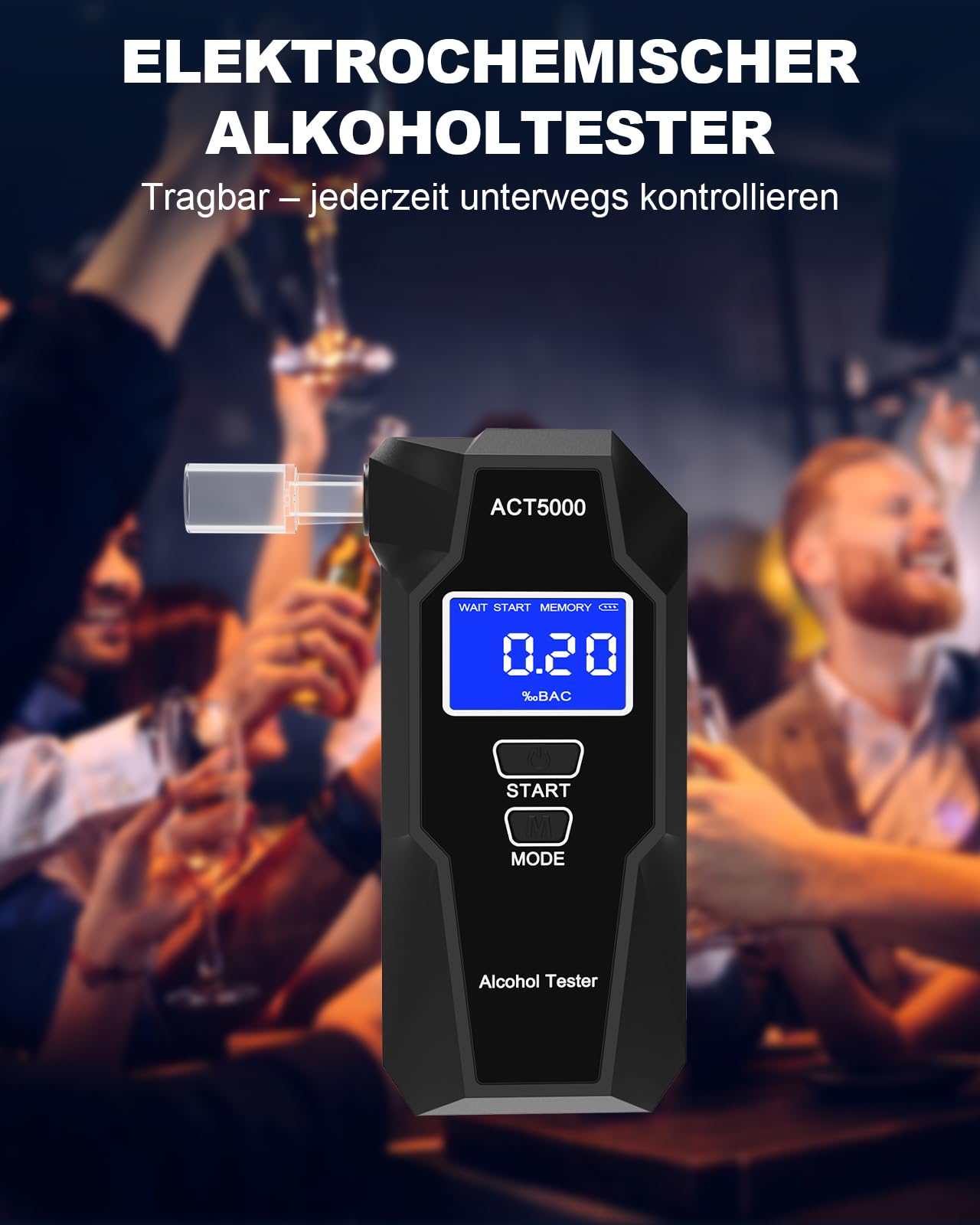 Elektrochemischer Alkoholtester mit 15 Mundstücken & Tragetasche - UK Brennstoffzellen-Sensor Professioneller Atemalkoholmessgerät, Digitales LCD Messgerät, 50 Speicherplätzen (Schwarz)