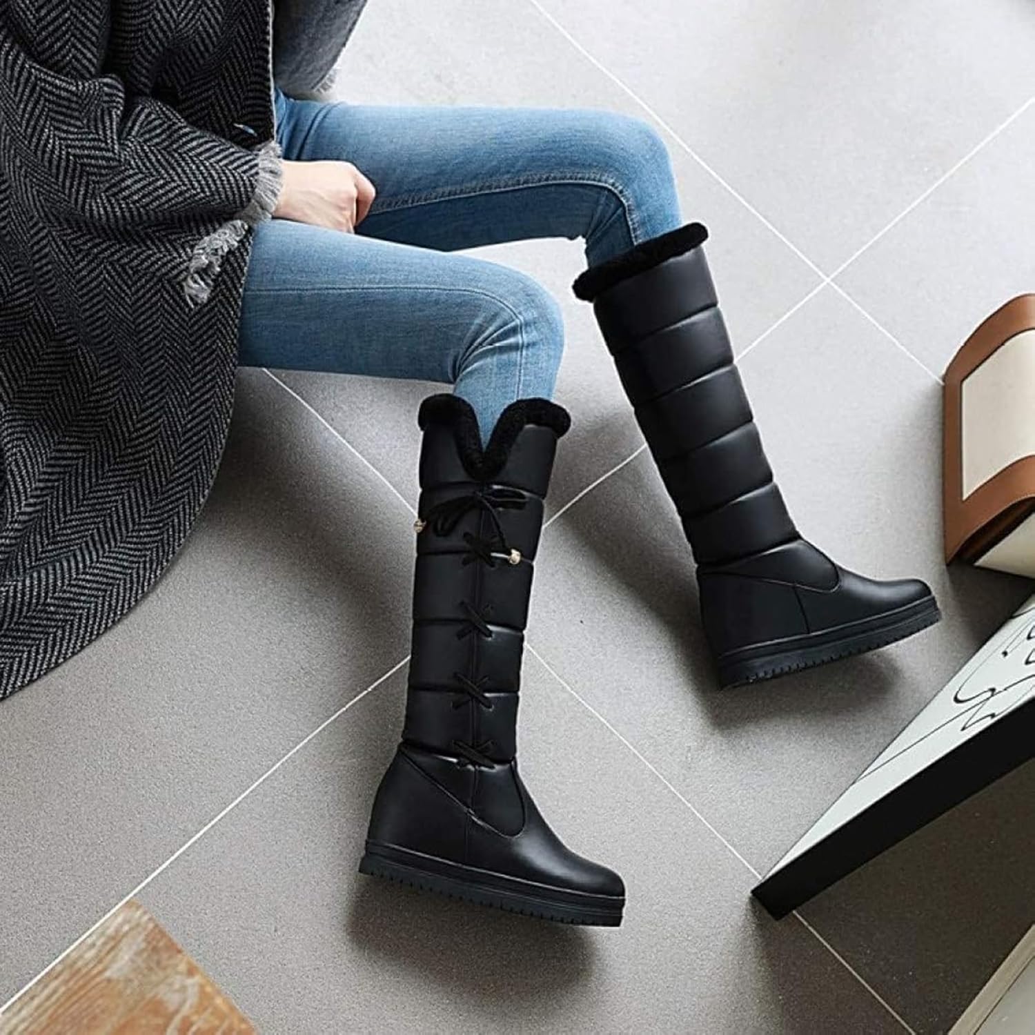 GUNIYIFS Winter Snow Boots for Women Waterproof Knee High Boots Women Wide Calf Platform Lace Up Fur Lined Warm Pink Boots
