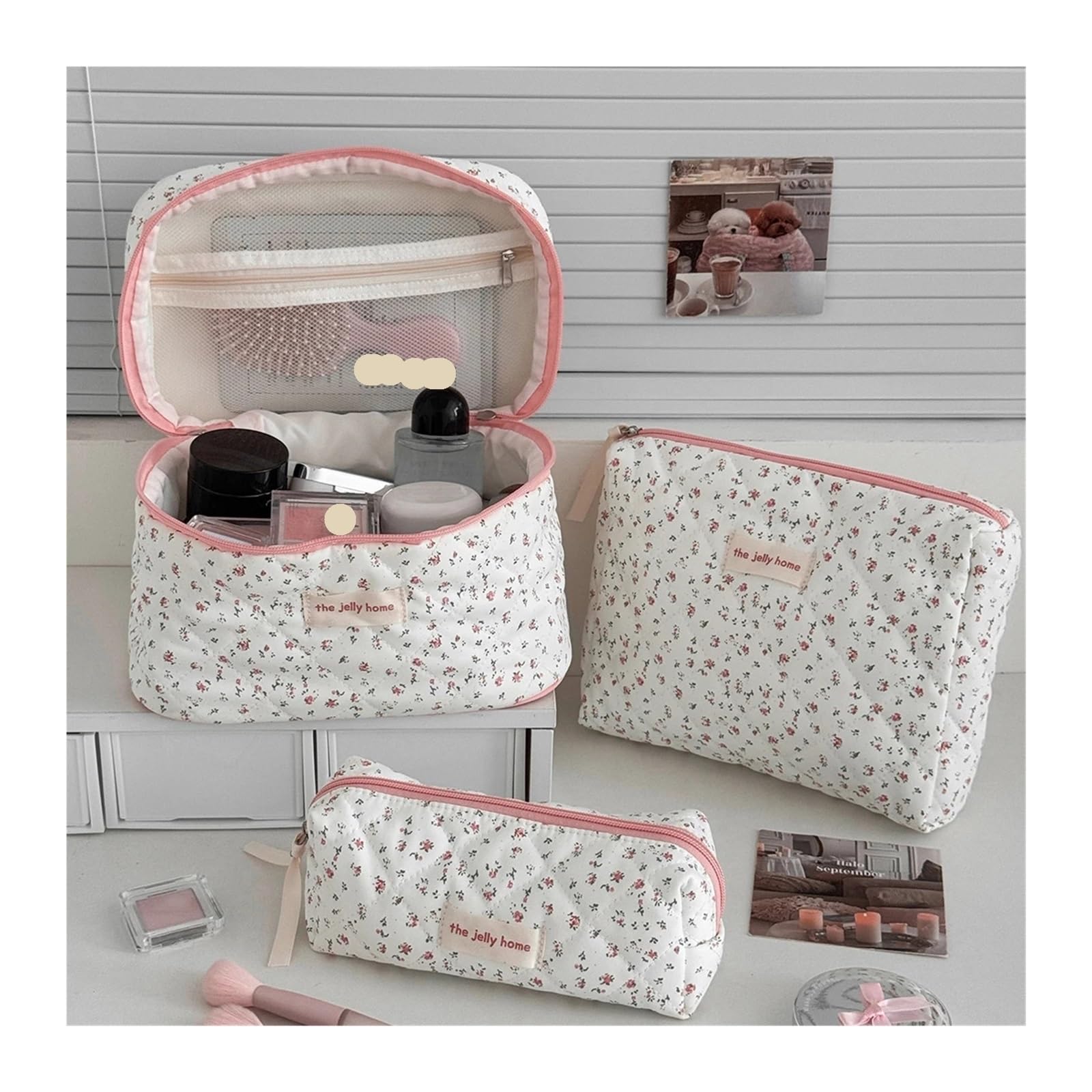 Bolsa Maquillaje Bolsa de cosméticos con Cremallera Cuadrada con Lazo, Bolso de Almacenamiento Organizador de Maquillaje de Viaje pequeño, 2 uds.
