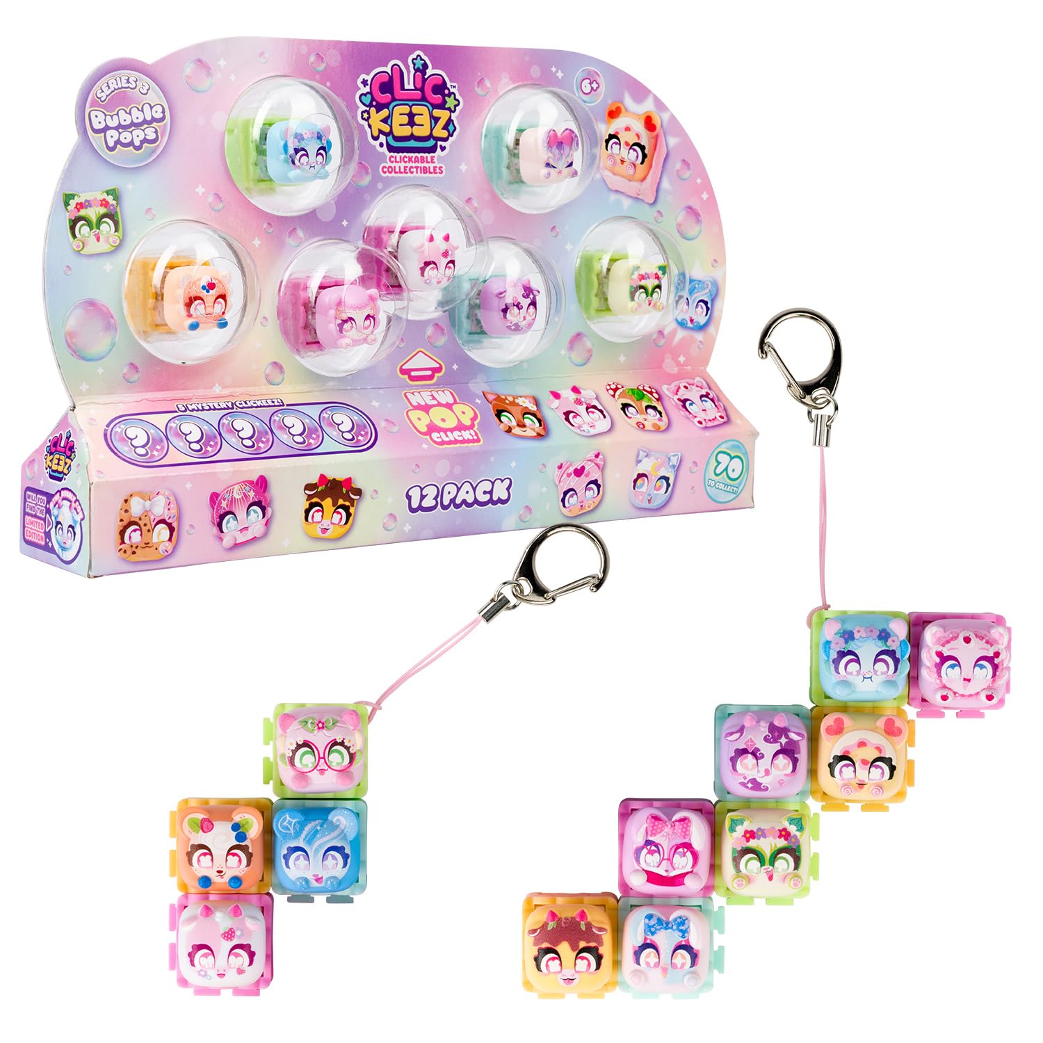 Goliath - CLICKEEZ - 12 Pack Série 3 Bubble Pops - 12 Touches Clavier Kawaii à Cliquer&Connecter + 2 Porte-Clés - New Son & Forme - Effet ASMR - 70 Personnages A Collectionner - Fidget Toy dès 6 Ans