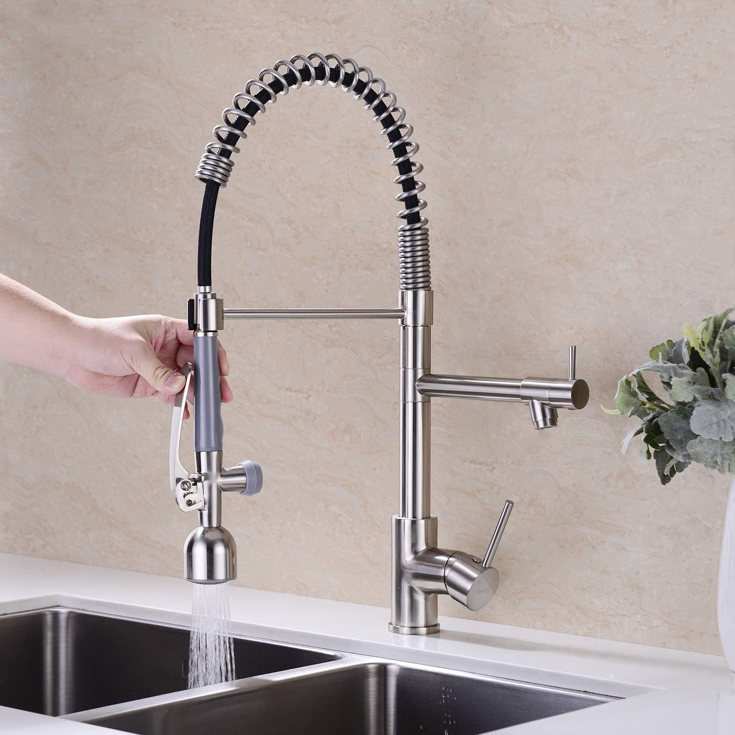 Exсluѕіvе Heouty Pull Down Kitchen Faucet with Sprayer, Brushed Nickel Commercial Pre Rinse Spring Single Handle Kitchen Faucets, Stainless Steel Kitchen Faucet, Brushed Nickel