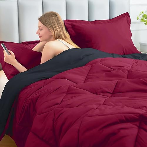 Miniatura 2 de JOLLYVOGUE Juego de edredón King rojo oscuro, negro, juego de cama reversible en una bolsa para todas las estaciones, juego de cama de 3 piezas con