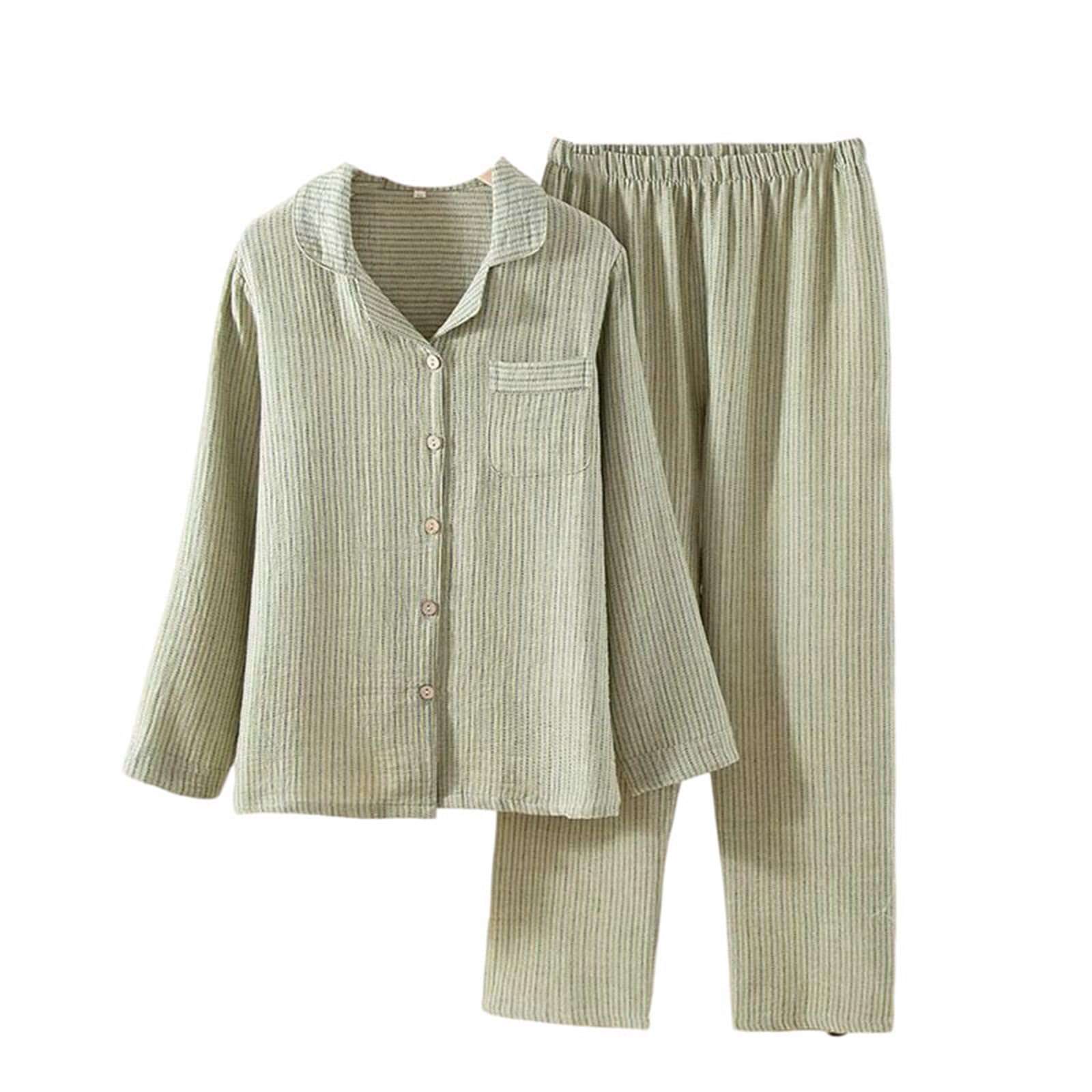 Ropa de dormir de algodón para mujer, ropa de dormir tejida de manga larga para otoño, pantalones largos, ropa fina para el hogar