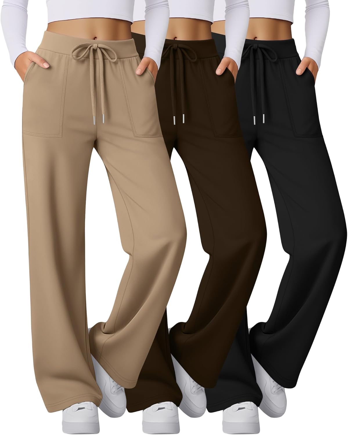 Velvelhall 3 Pack Women's Wide Leg Sweatpants Baggy Workout High Waist Drawstring Jogger Casual Yoga Pants with Pocket