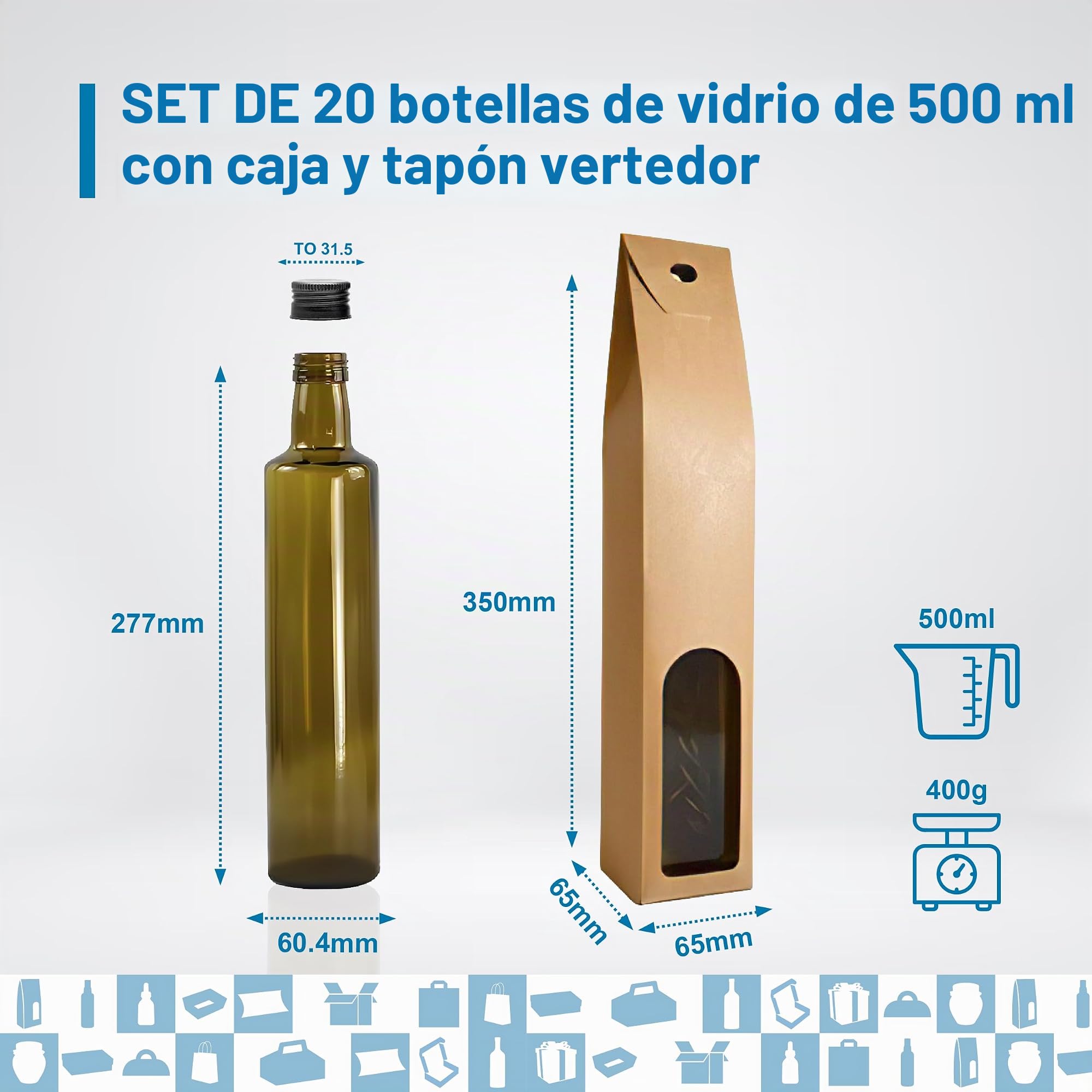 20 Botellas de Cristal Oscuro 500 ml con Tapón Dorado y Boquilla – Aceitera Protectora para Aceite de Oliva, Vinagre y Salsas | Espirito Rebelde