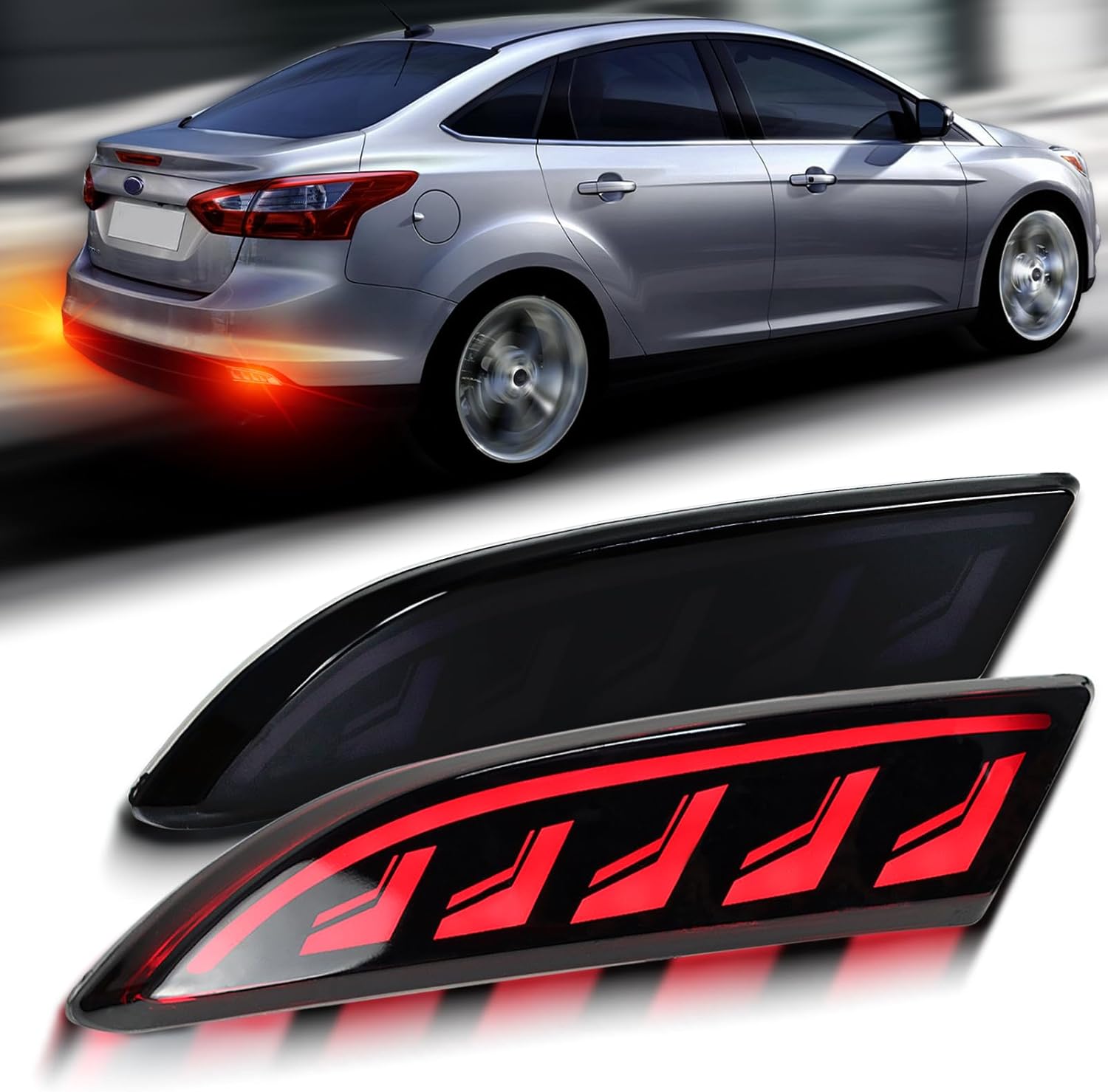 2PC Rear Bumper Reflectors Light,Brake Tail Light Lamps Compatible with for Ford Focus 2012-2018 & Hatchback 2012-2014（Not fit ST SEL）,LED Reflector DRL Turn Signal Lights Kit (Smoked)