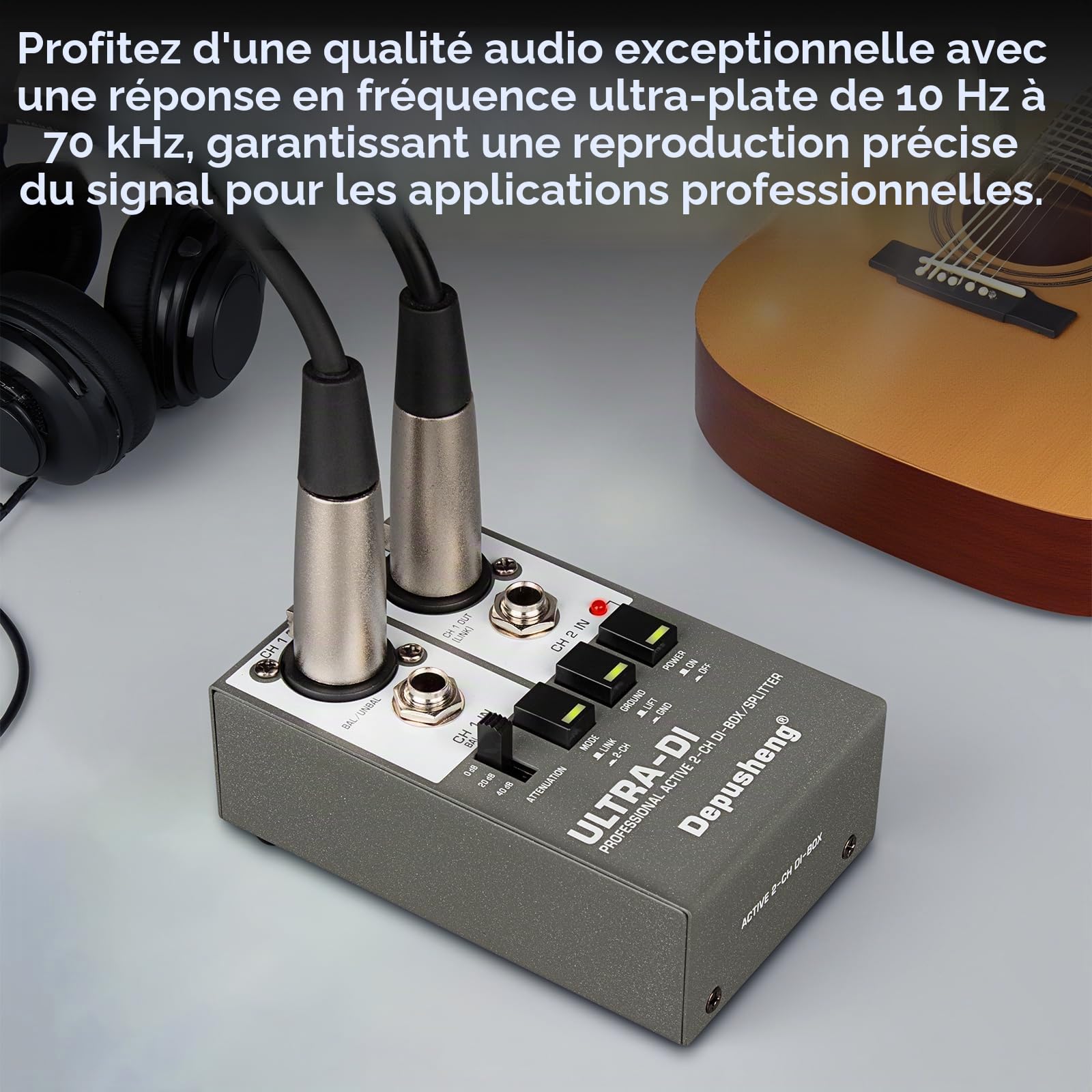 Ultra-DI Di2 Boîtier de direct/splitter actif professionnel à 2 canaux avec atténuateur d'entrée pour connecter une guitare et une basse, connecteur symétrique et asymétrique, prise en charge 48 V