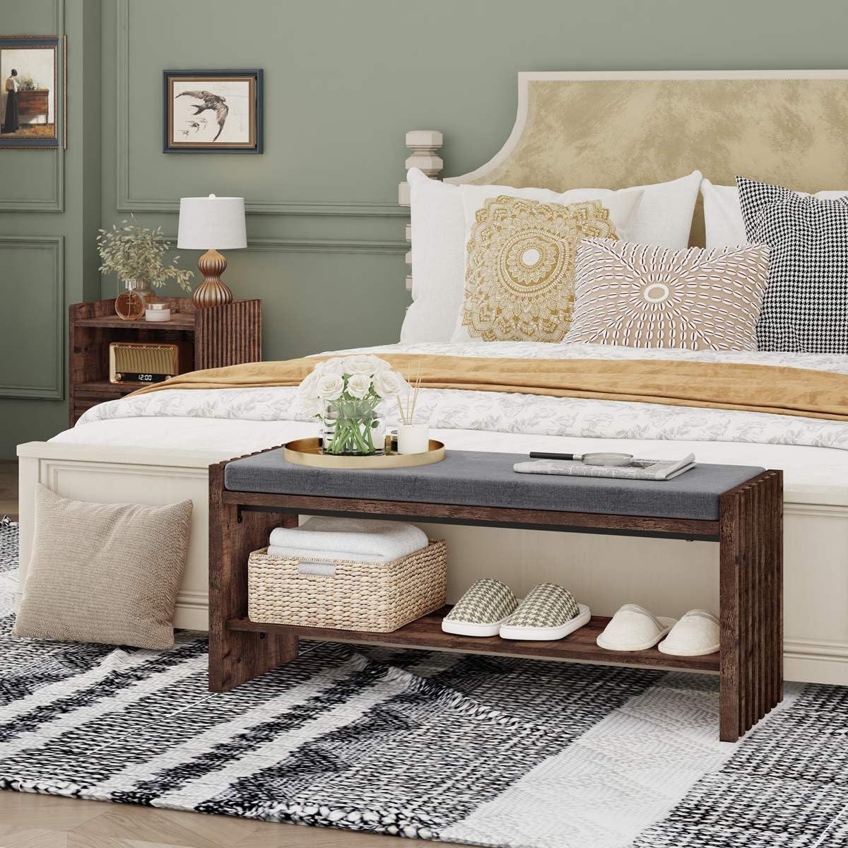 BON AUGURE 40" Storage Bench with Plush Cushion & 2-Tier Organizer, Modern Entryway Ottoman Bench for Hallway, Mudroom, Bedroom (Rustic Oak)