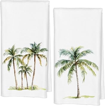 Tropical Palm Tree Bathroom Decor Towels, Tropical Bathroom Decor, Summer Coastal Plant Dish Tea Towels for Kitchen Decor, Beachy Botanical Decorative Hand Towels, 16x24 Inch Set of Two