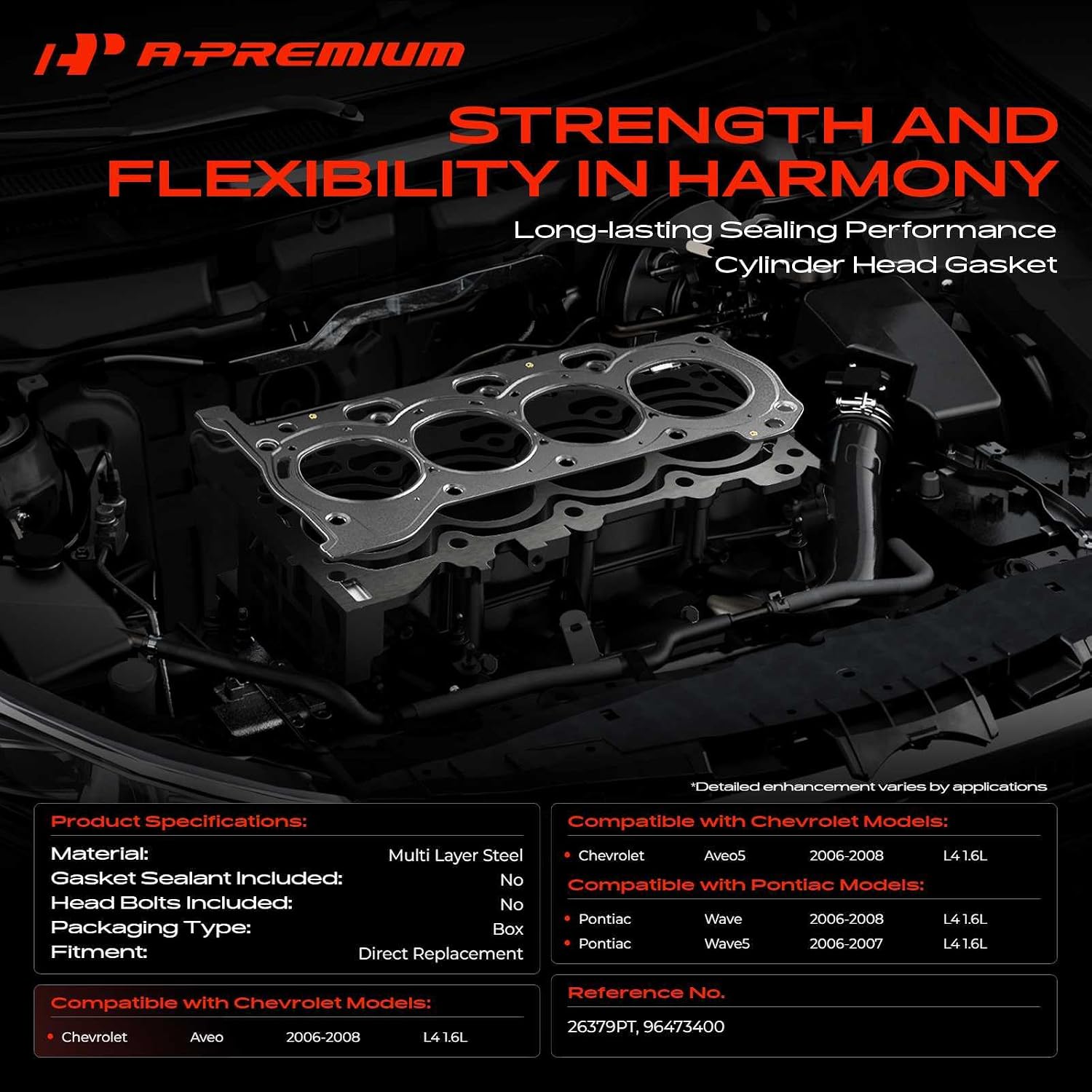 A-Premium L4 1.6L Engine Cylinder Head Gasket Compatible with Chevrolet Aveo 2006-2008, Aveo5 2006-2008 & Pontiac Wave 2006-2008, Wave5 2006-2007, Multi-Layer Steel