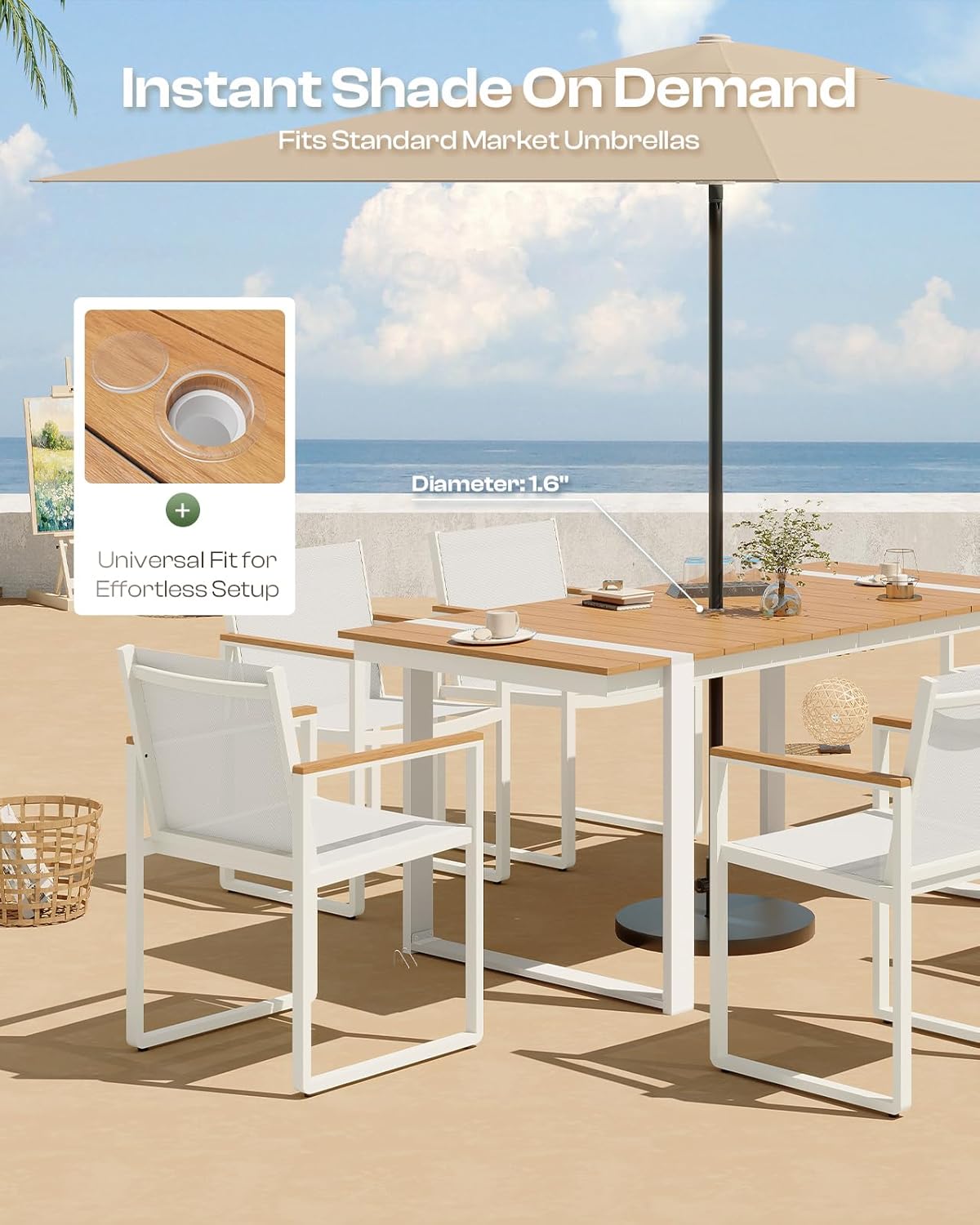 Outdoor Dining Table for 6, HDPS+ Aluminum Patio Dning Table with U-Shape Leg, Size: 67.4"*32.3"*29.6",Modern Rectangular Table for Lawn, Garden (White-Teak)