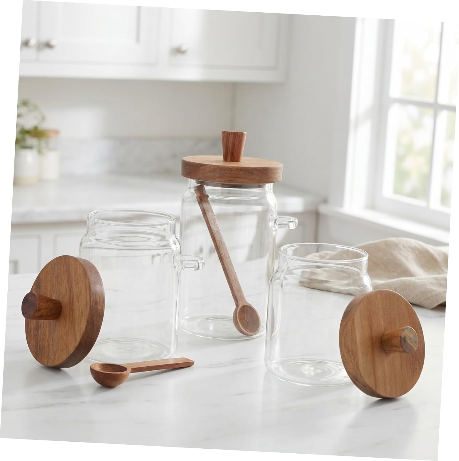 3pcs Glass Laundry Powder Dispenser Set with Wooden Lids and Scoops, Airtight round Containers for Easy View Storage and Versatile Usage, for Home Laundry Organization, 400ml 600ml