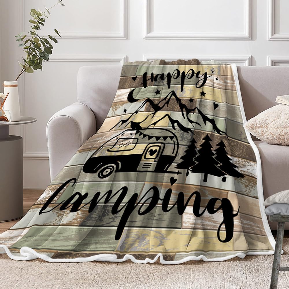 RV Travel Camping Throw Blanket Happy Camping Fleece Blanket | Soft, Flannel, Warm, All Season, Vintage Farmhouse Throw Blanket, Travel Camping Bed Blankets for Sofa Couch Bedroom 50X60 Inch