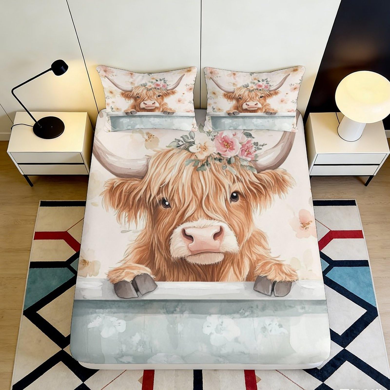 3D Printed Highland Cow Fitted Sheet Microfiber Beige Cartoon Animal Mattress Cover for Bedroom Guest Room Decor 90x200x25cm
