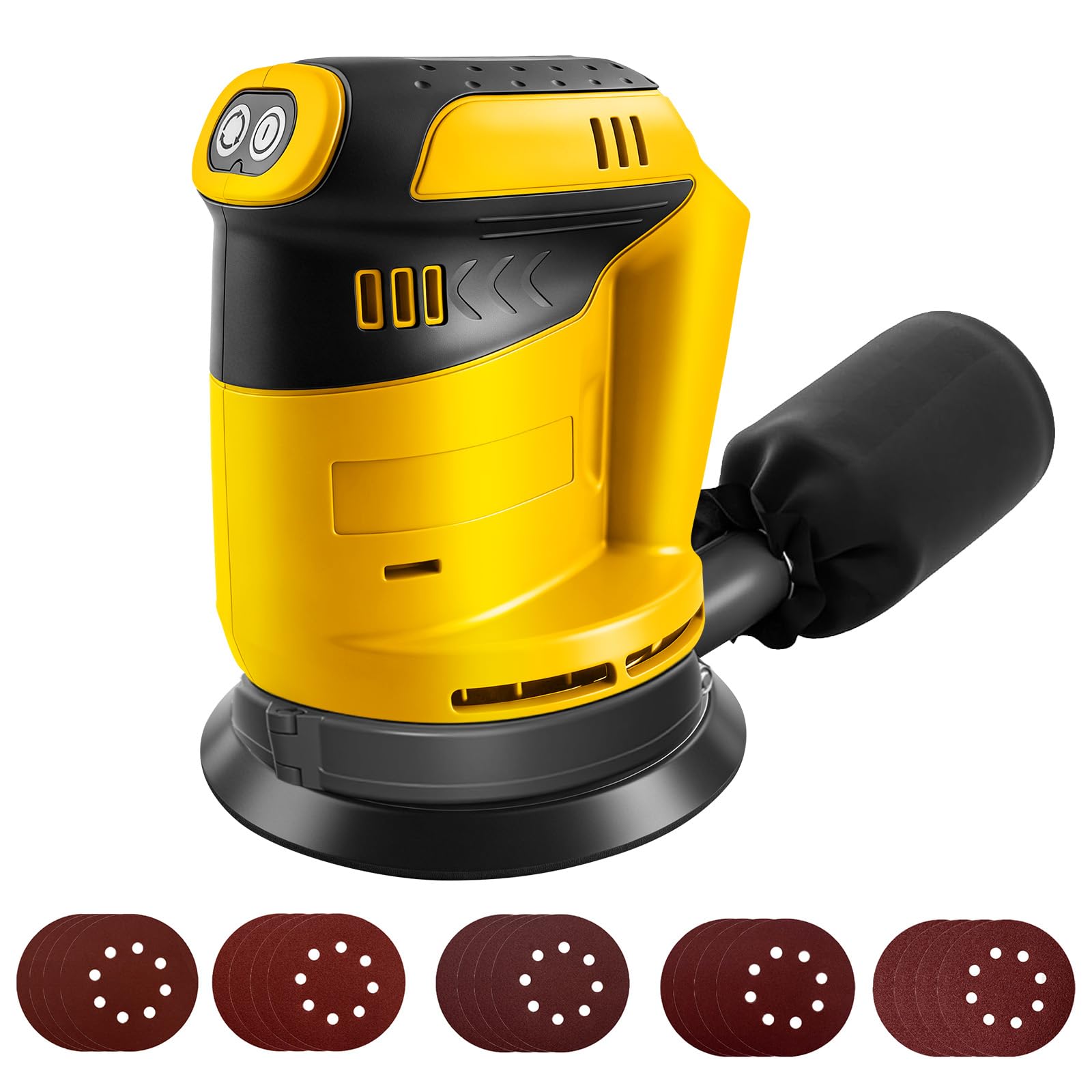 Roadtime Levigatrice orbitale per batteria DeWalt da 20 V (senza batteria), smerigliatrice da 125 mm, 20,000 giri/min, 3 velocità con contenitore di raccolta della polvere e 20 carta vetrata, per