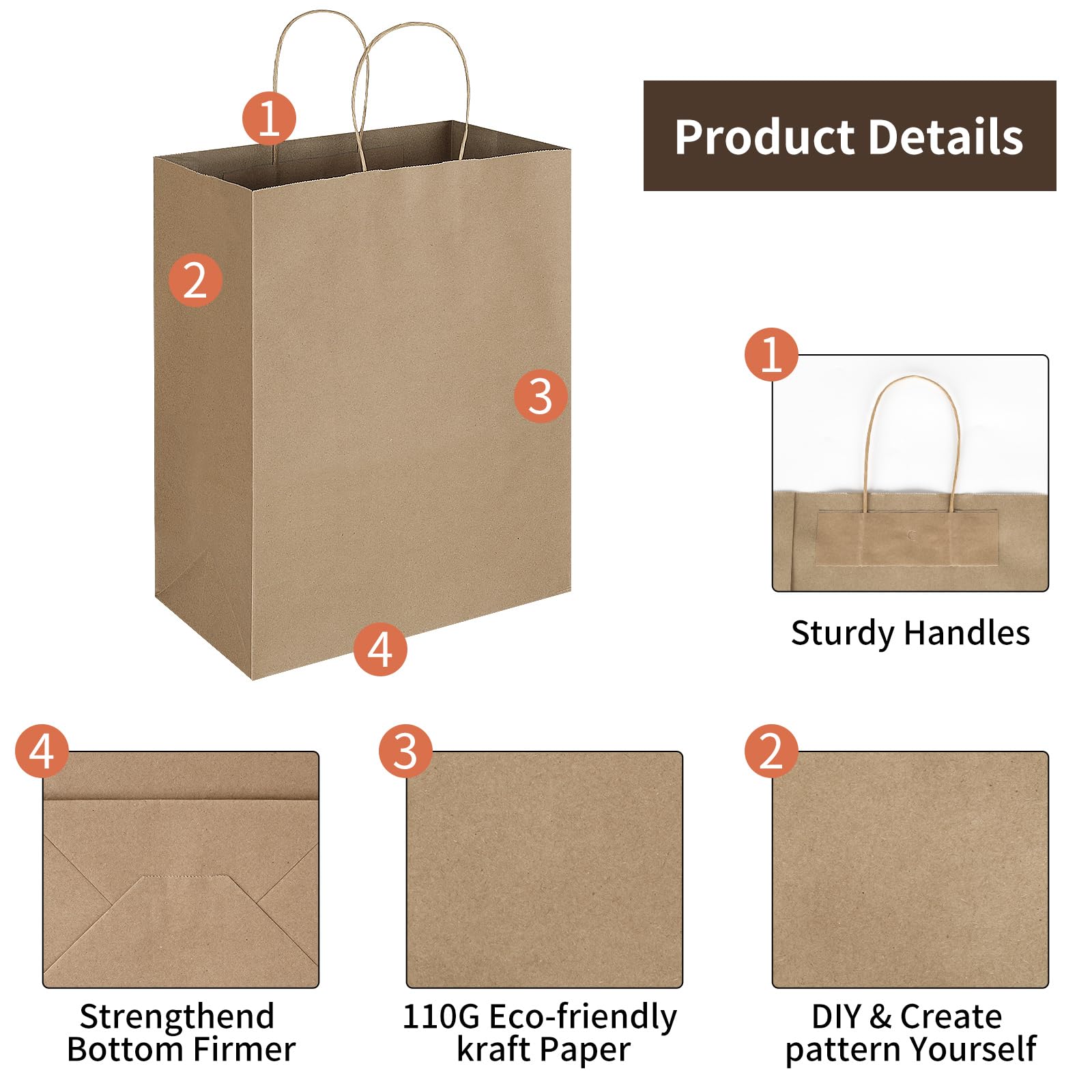 Oikss Confezione da 50 sacchetti regalo grandi in carta naturale con manici, 25 x 12 x 33 cm, sacchetti in carta kraft per feste di compleanno, bomboniere, generi alimentari, shopping, attività
