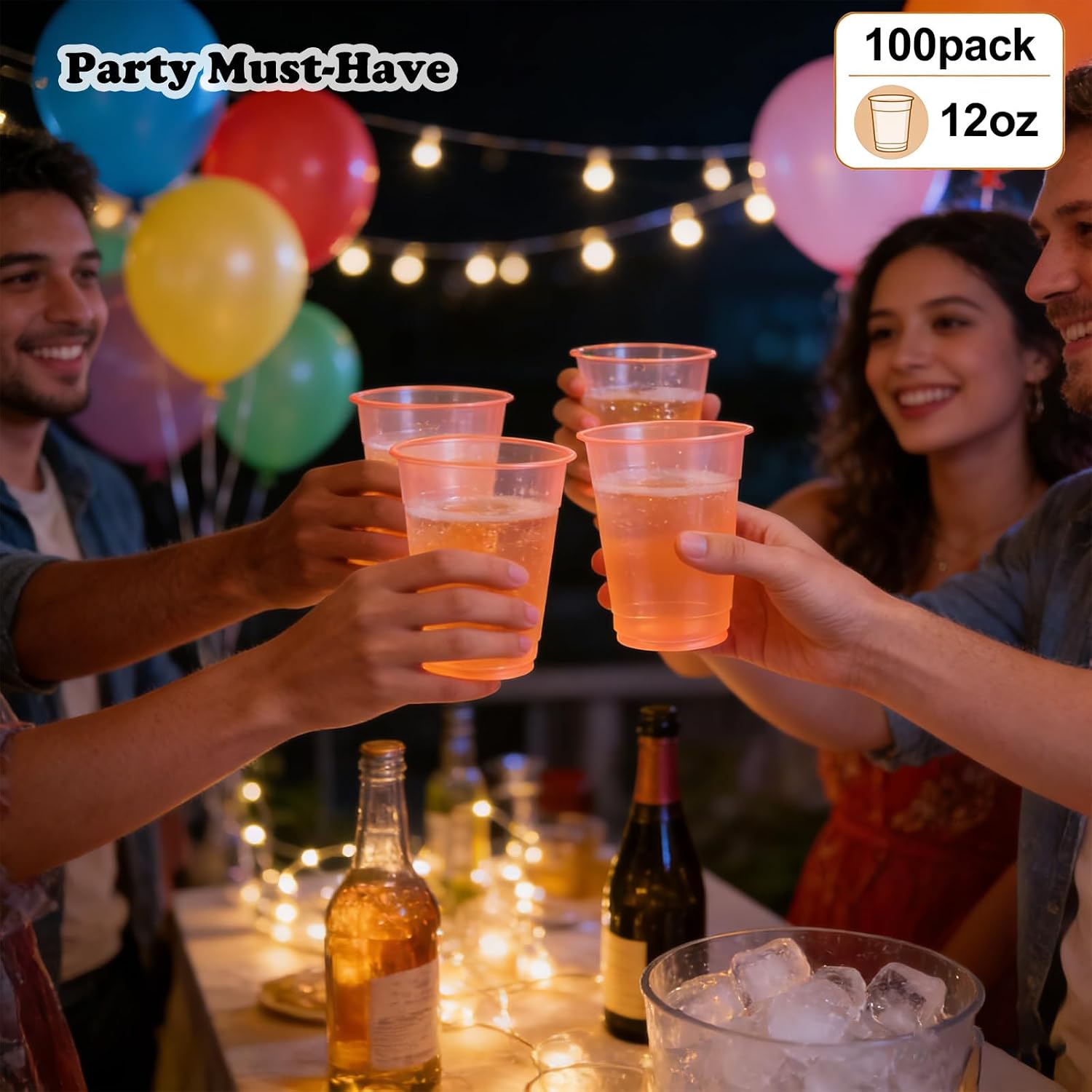 100 Pack 12 oz Orange Plastic Cups, Orange Party Cups, Clear Disposable Wine Glasses for Fall Parties, Halloween, Thanksgiving, Birthdays, Picnics & Party Events image 2