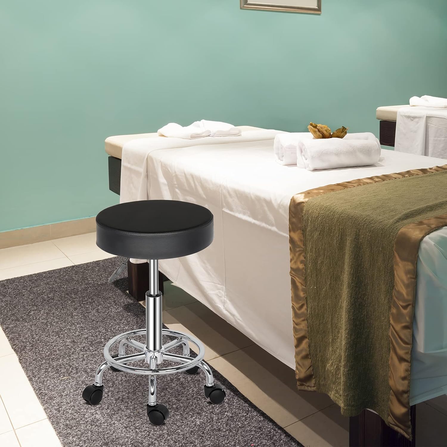 Round Rolling Bar Stool PU Leather with Wheels and Foot Rest, Height Adjustable Task Work Drafting Chair with Back for Salon Spa Tattoo Facial Medical Office Chairs (Black1)