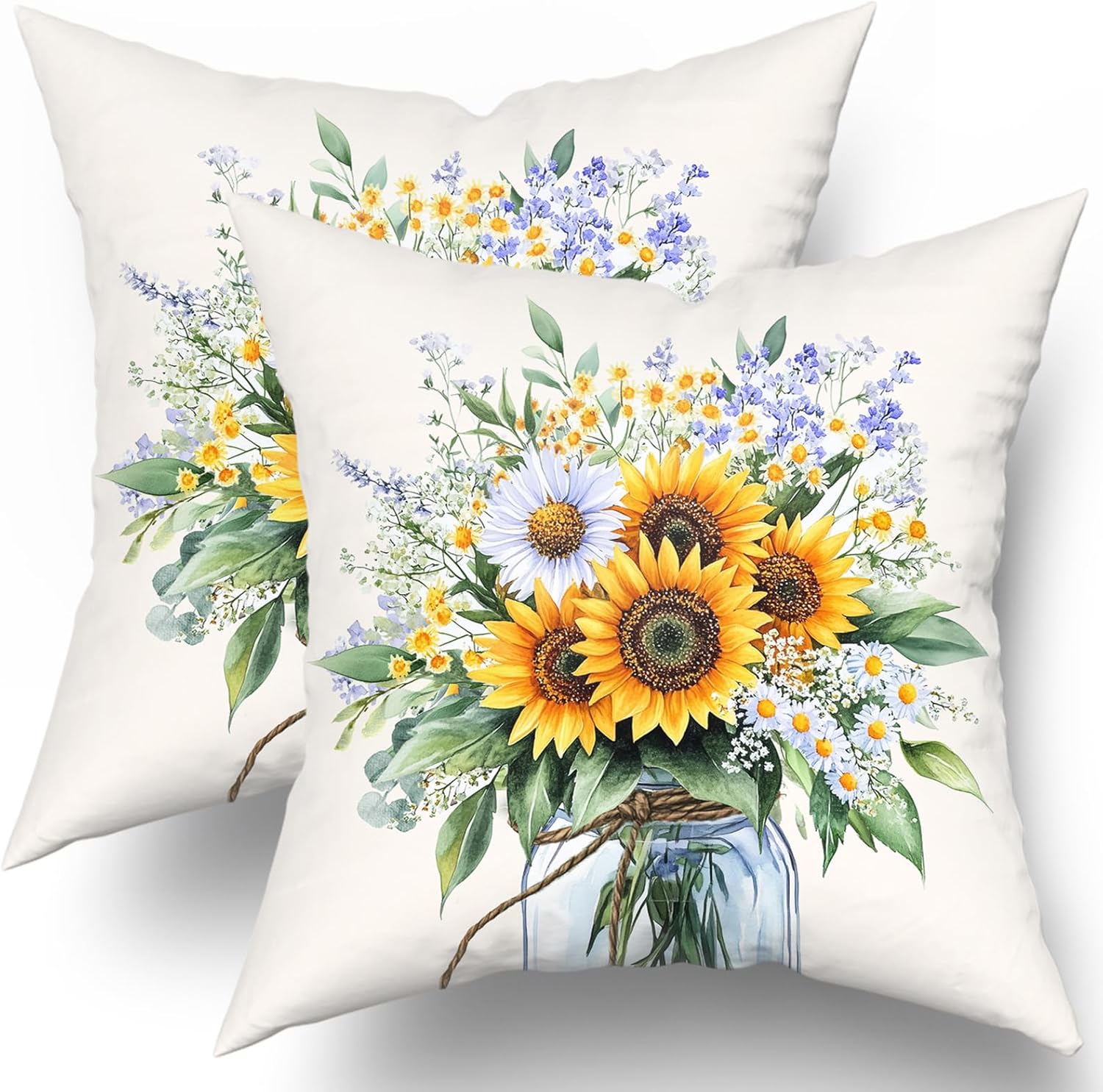 Sunflower Throw Pillow Cover 24x24inch Set of 2 Spring Summer Yellow White Floral Daisy Mason Jar Decorative Pillow Case Seasonal Farmhouse Cotton Cushion Case for Sofa Home Patio