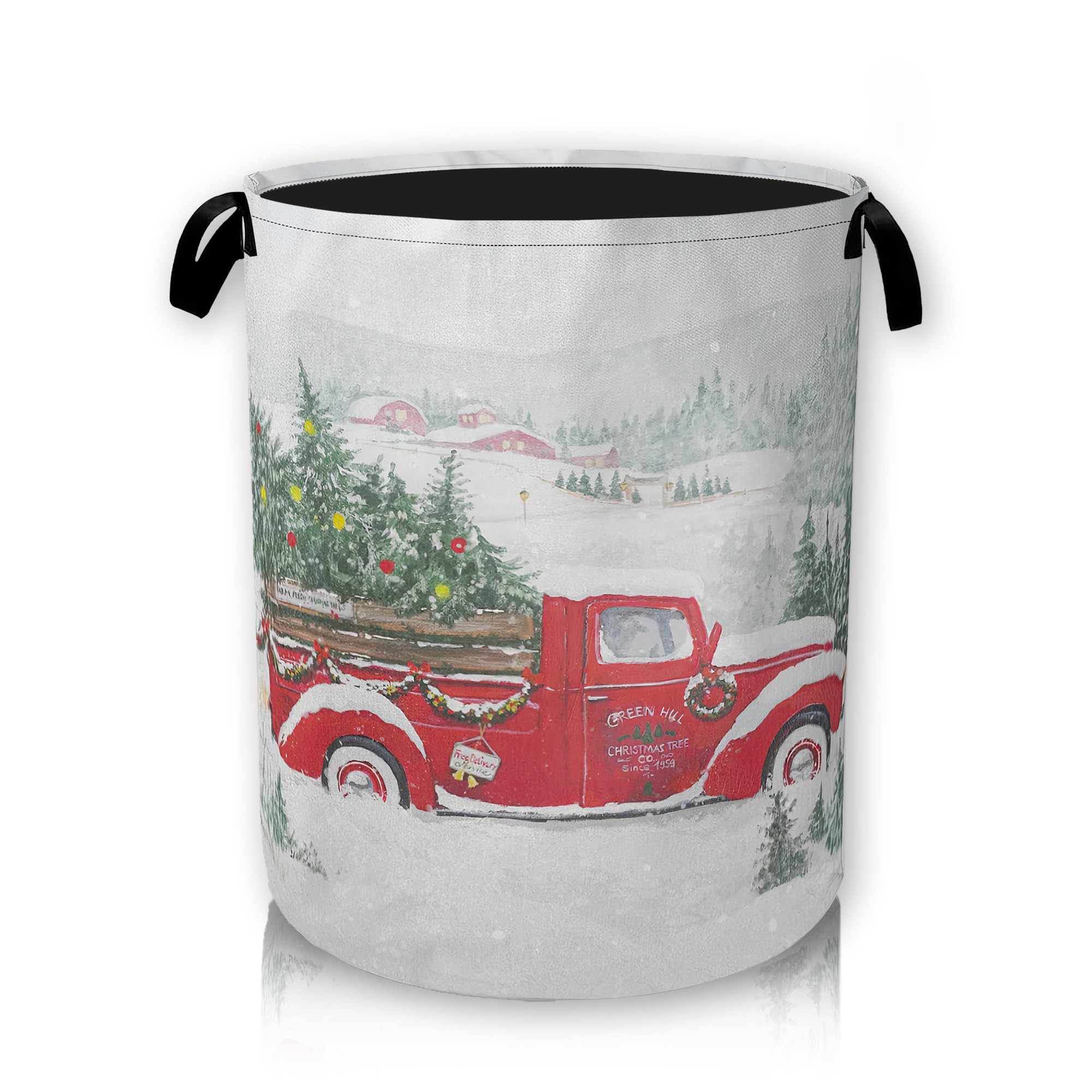 Christmas Red Truck Large Storage Basket, Snowflakes Forest Laundry Hamper/Bathroom/Home Decor/Collapsible Round Storage Bin,Boys Girls Dirty Clothes Hamper/Boxes/Toys Storage 66L
