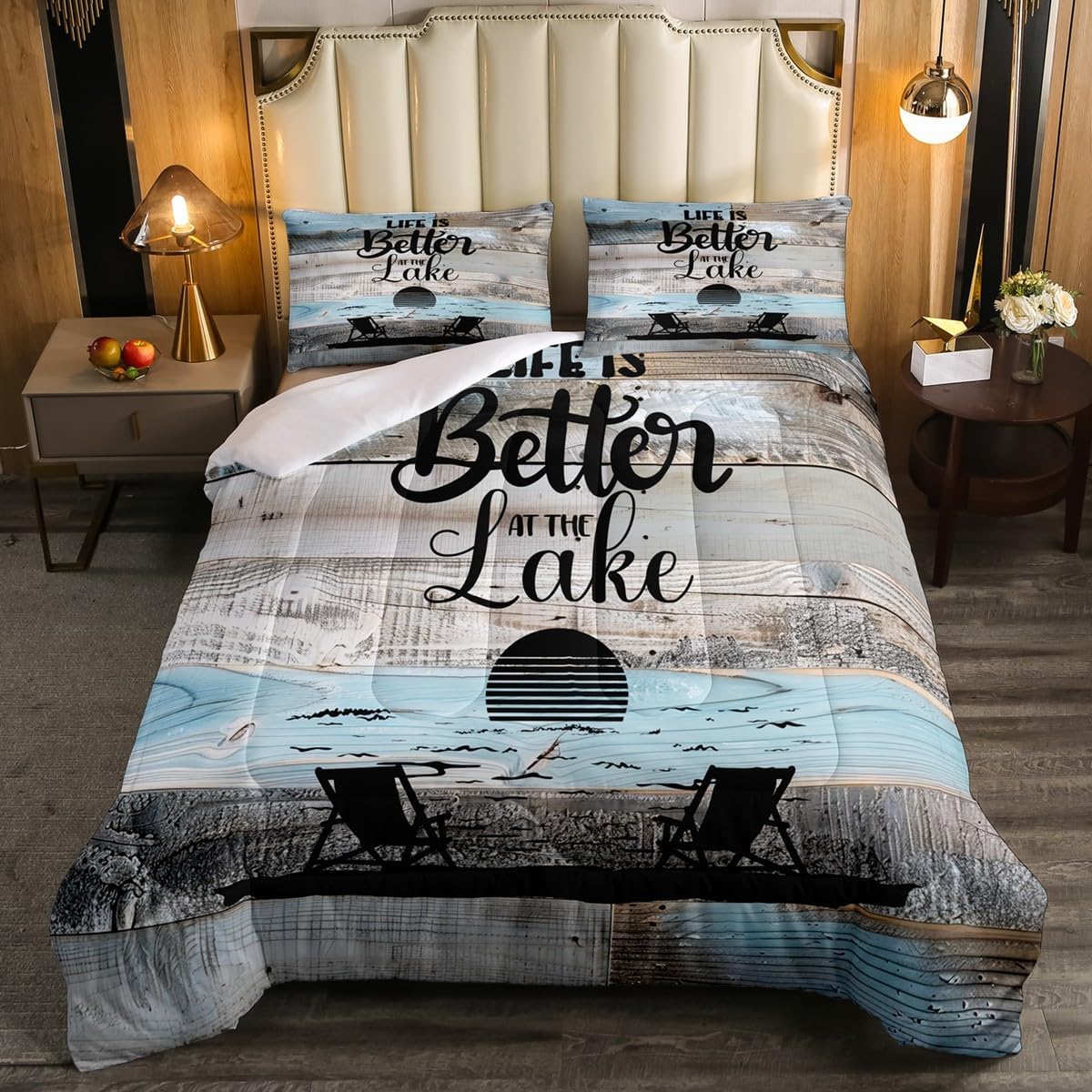 Lake House Bedding Set Twin Size, Rustic Farmhouse Comforter Set For Kids Teens Adult Women Bedroom Decor, Wooden Barn Door Quilt Ocean Beach Duvet Insert Lake House Decor For The Home, Blue Grey